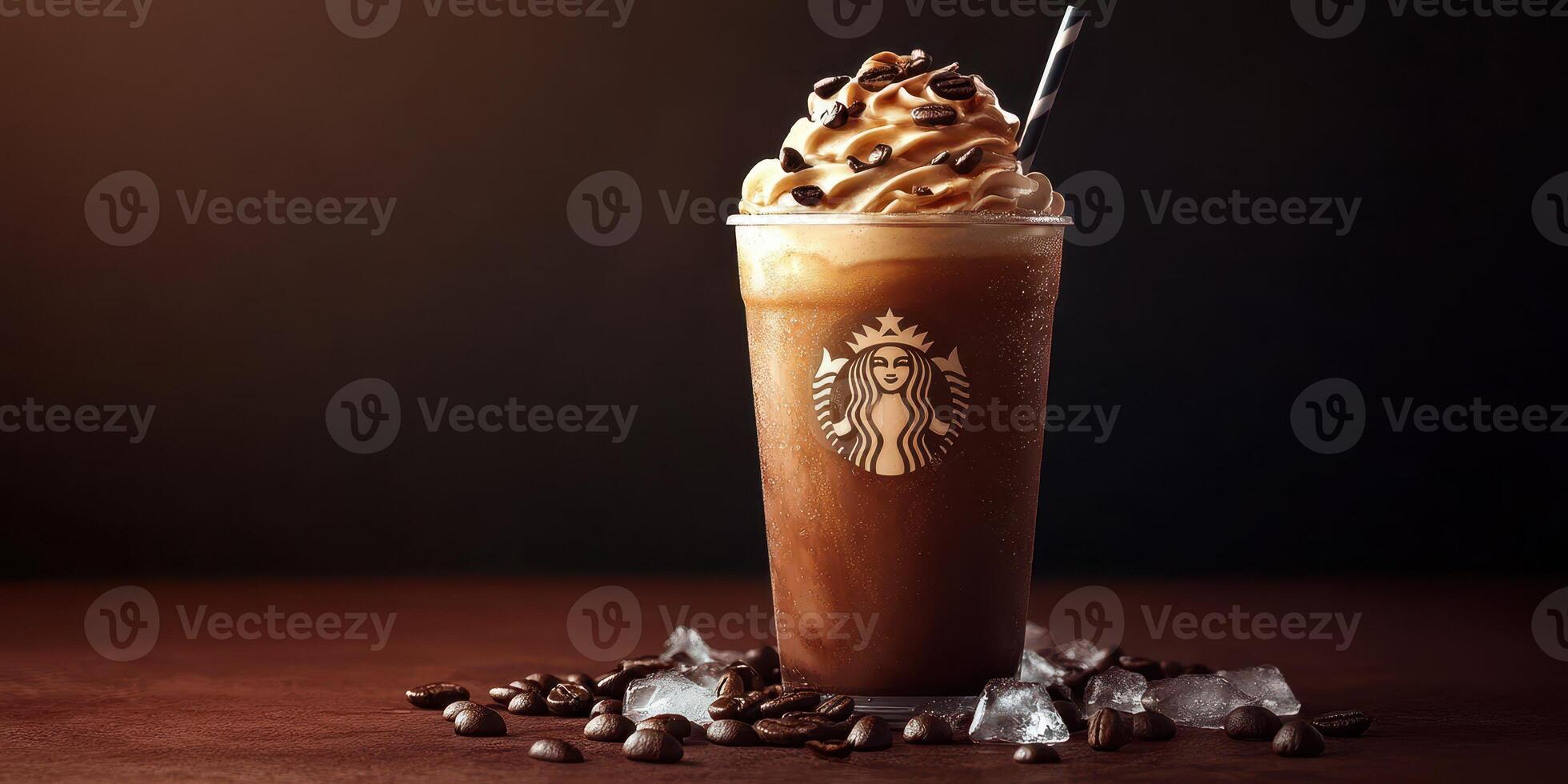 Delicious iced coffee drink topped with whipped cream and chocolate curls in a cozy setting photo