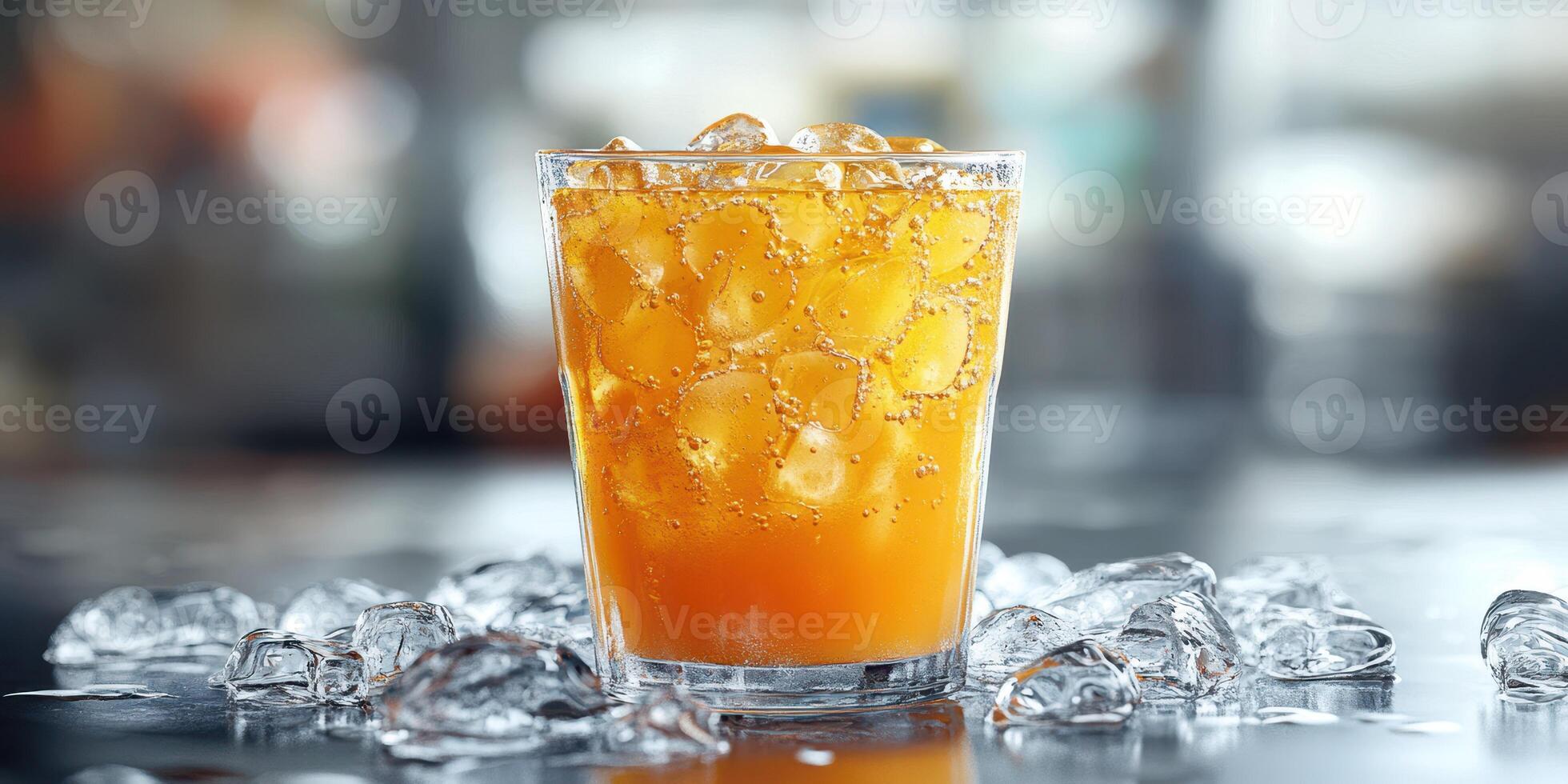 Refreshing orange soda with ice in a glass on a countertop photo