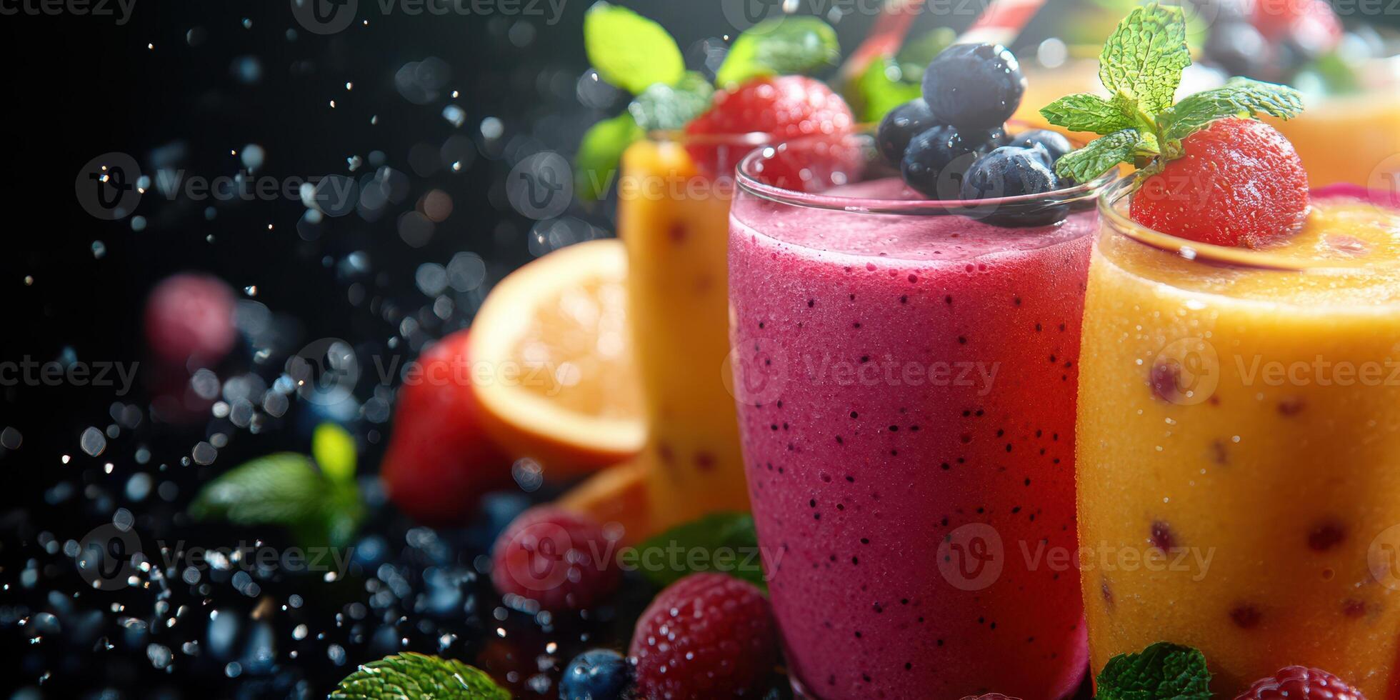 Refreshing fruit smoothies served in clear glasses with vibrant berries and mint leaves on a dark background photo