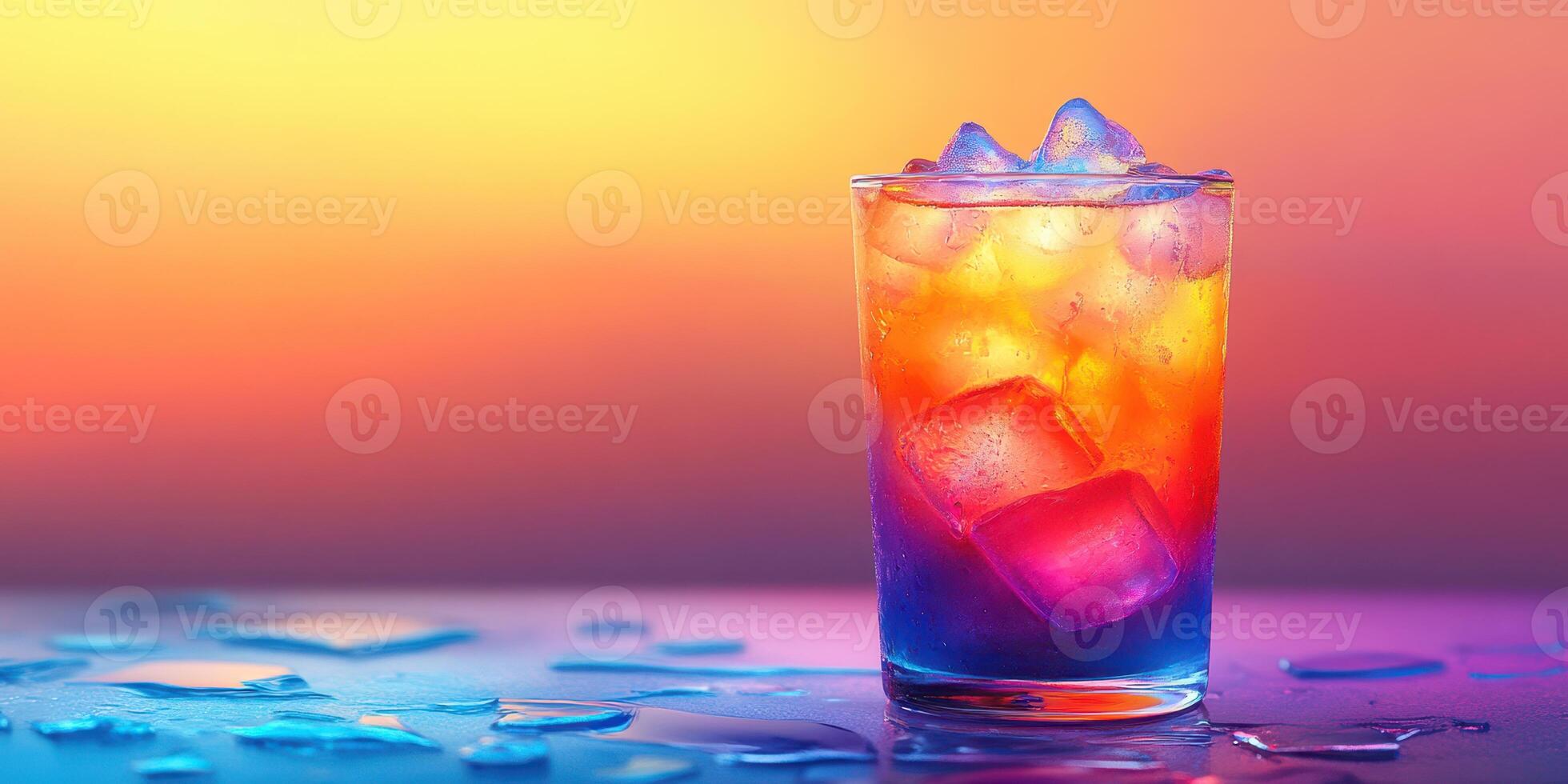 Colorful cocktail with ice cubes illuminated by sunset colors at a beach bar photo
