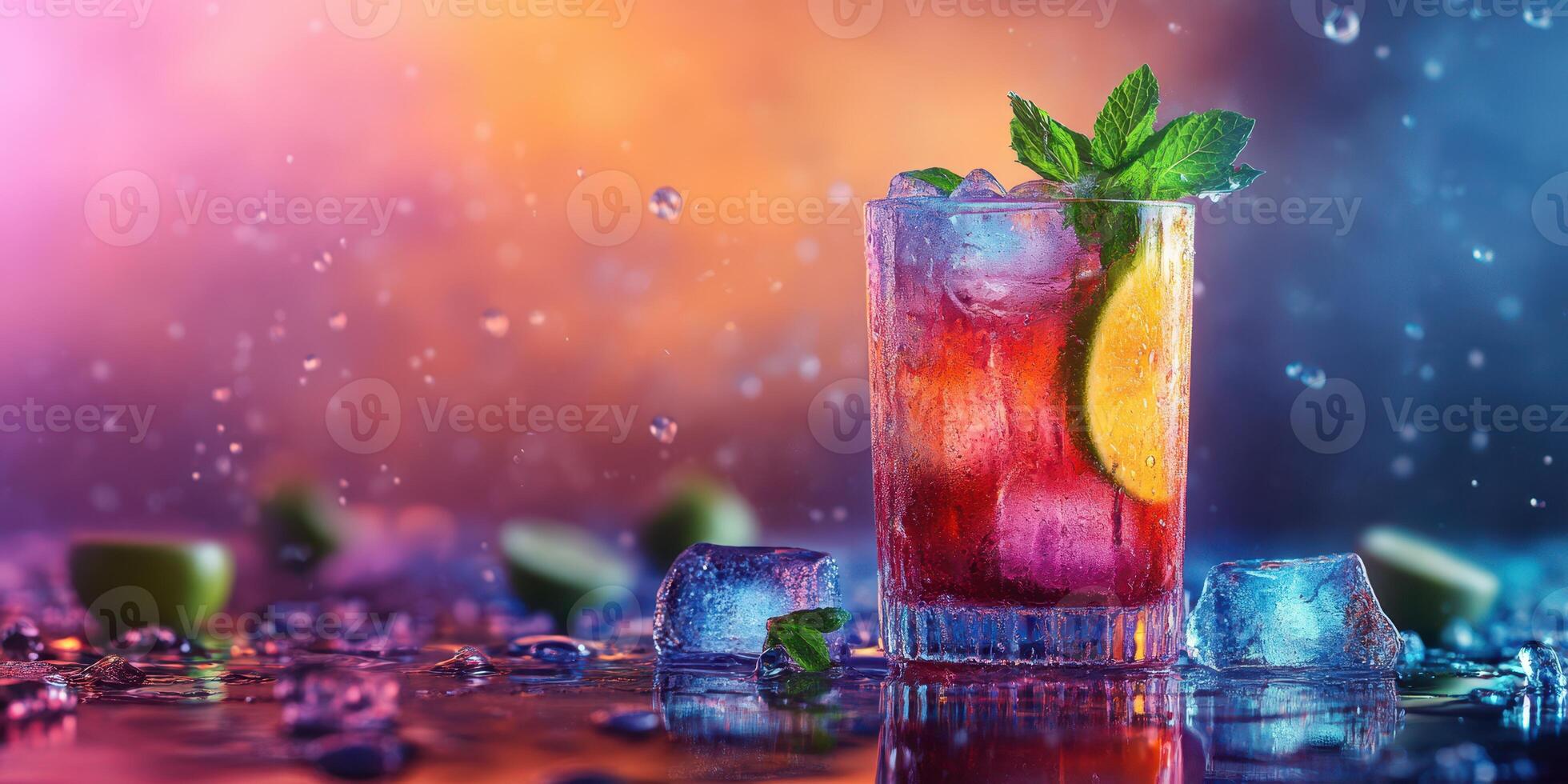Refreshing cocktail with ice and mint on vibrant background during a summer evening photo