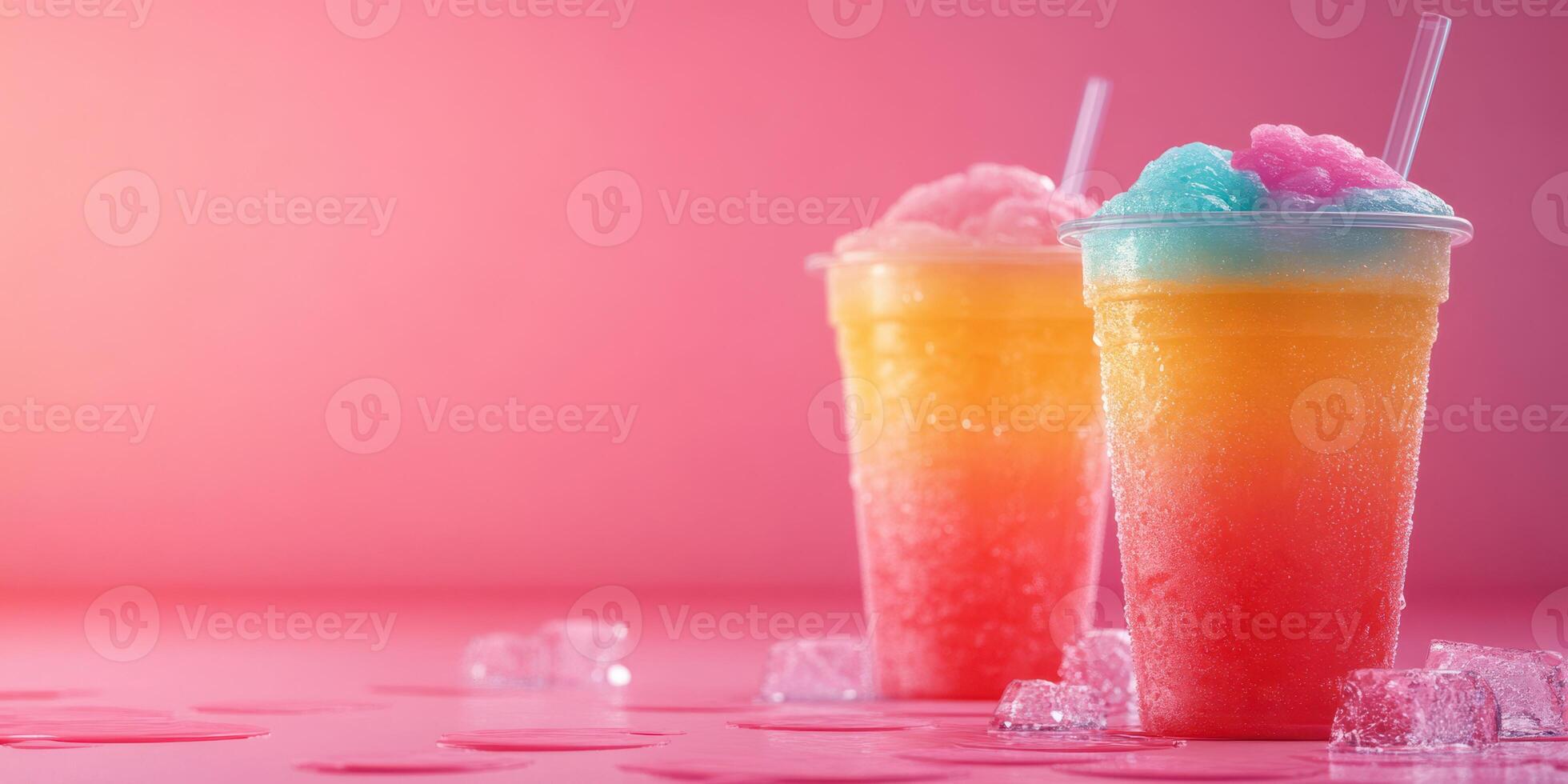 Colorful frozen drinks sit on a table with ice cubes under warm lighting at a summer party gathering photo