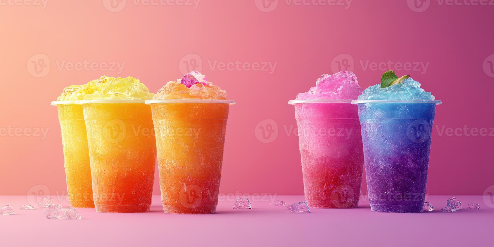 Colorful frozen drinks in clear cups arranged on a vibrant background during bright daylight photo