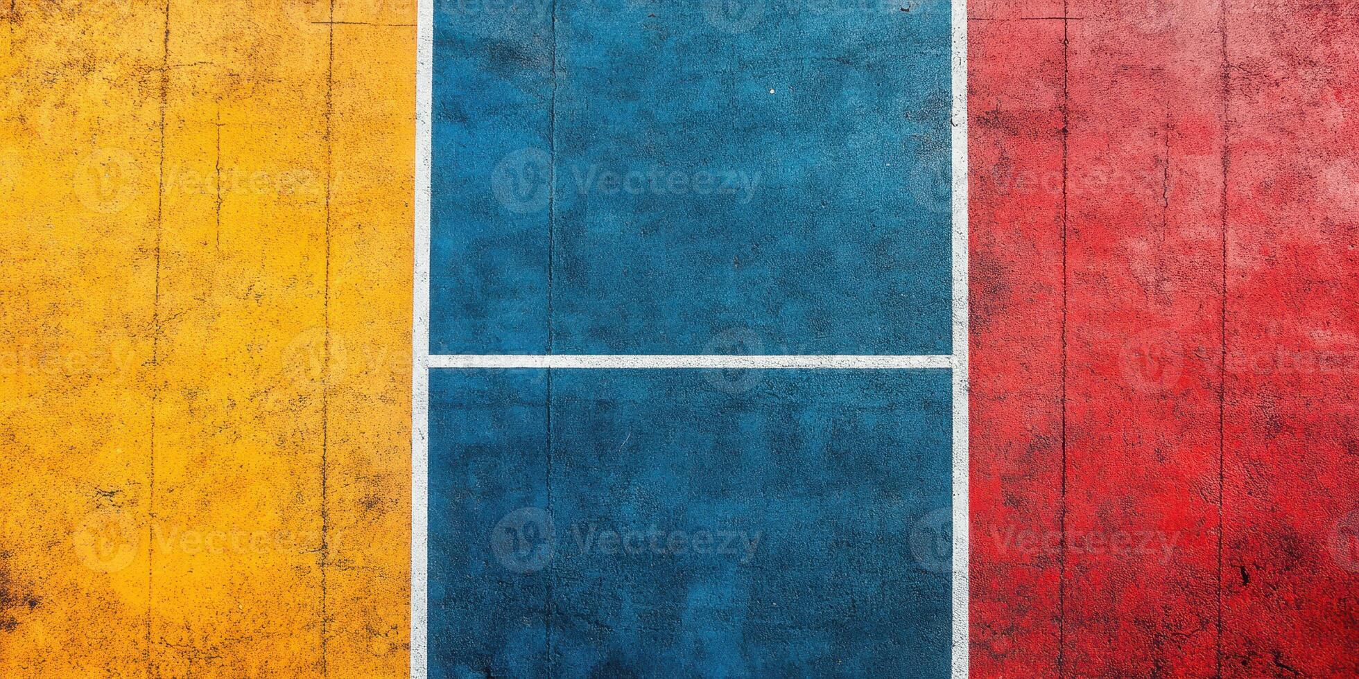 Colorful concrete texture with red, blue, and yellow sections in a geometric pattern near an outdoor sports facility photo