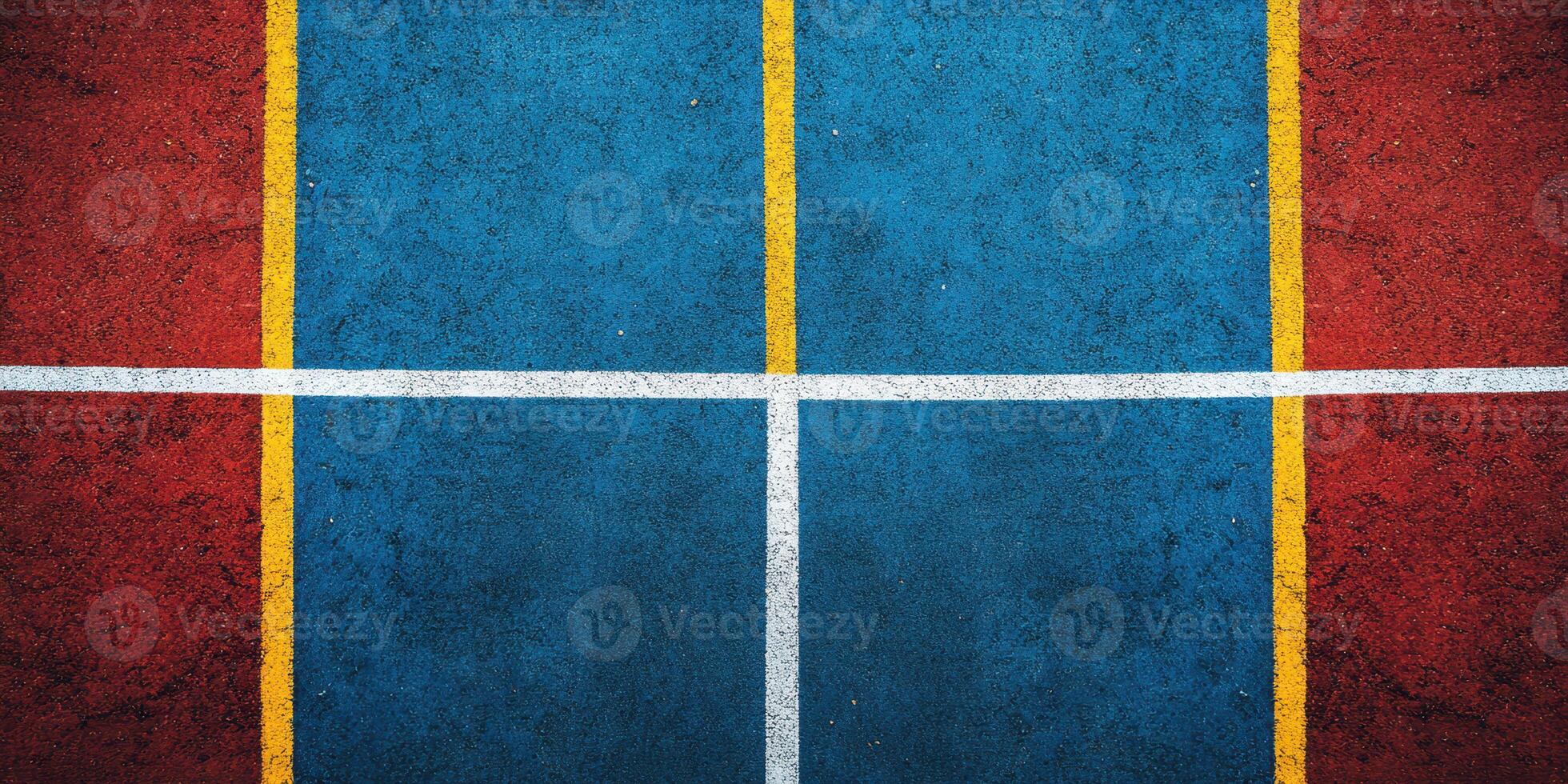 Colorful court lines create a vibrant pattern on a sports surface during daylight hours photo