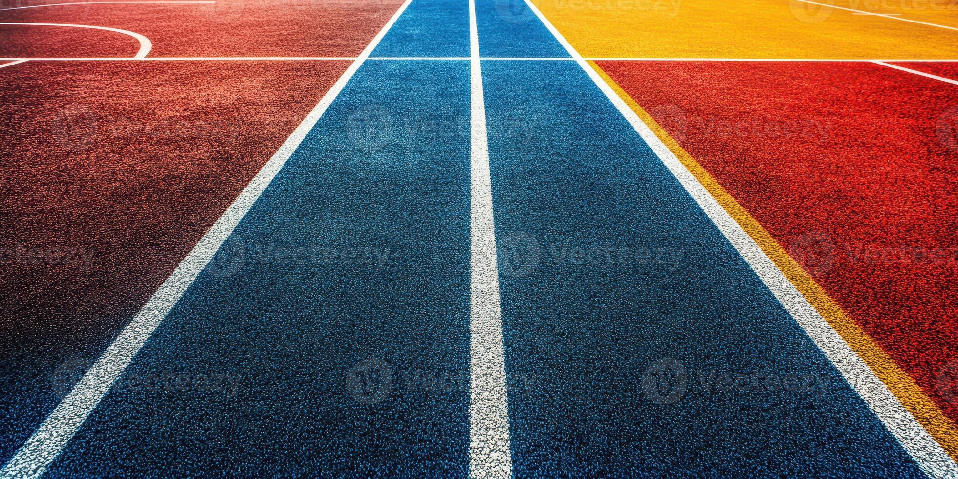 Colorful athletic track with distinct lanes for running and sports activities during the daytime photo