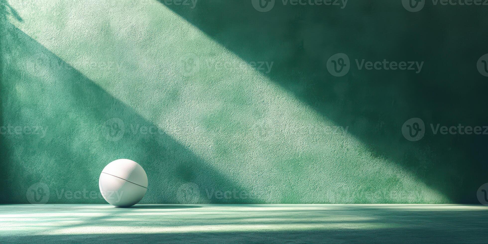Soft light casts long shadows on a textured green wall with a white ball resting on the floor photo