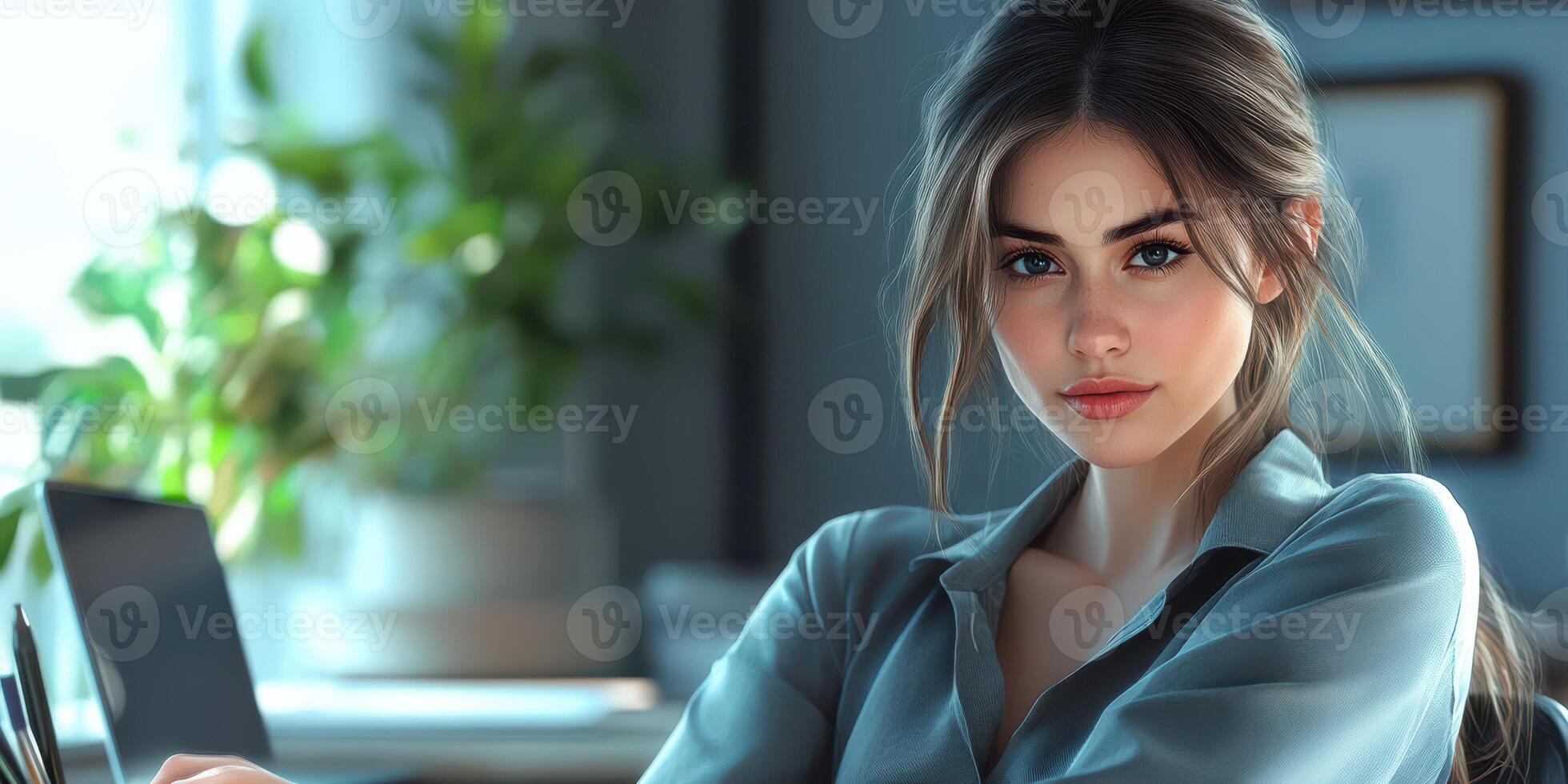 Portrait of a young woman working in a modern office setting during daylight hours photo