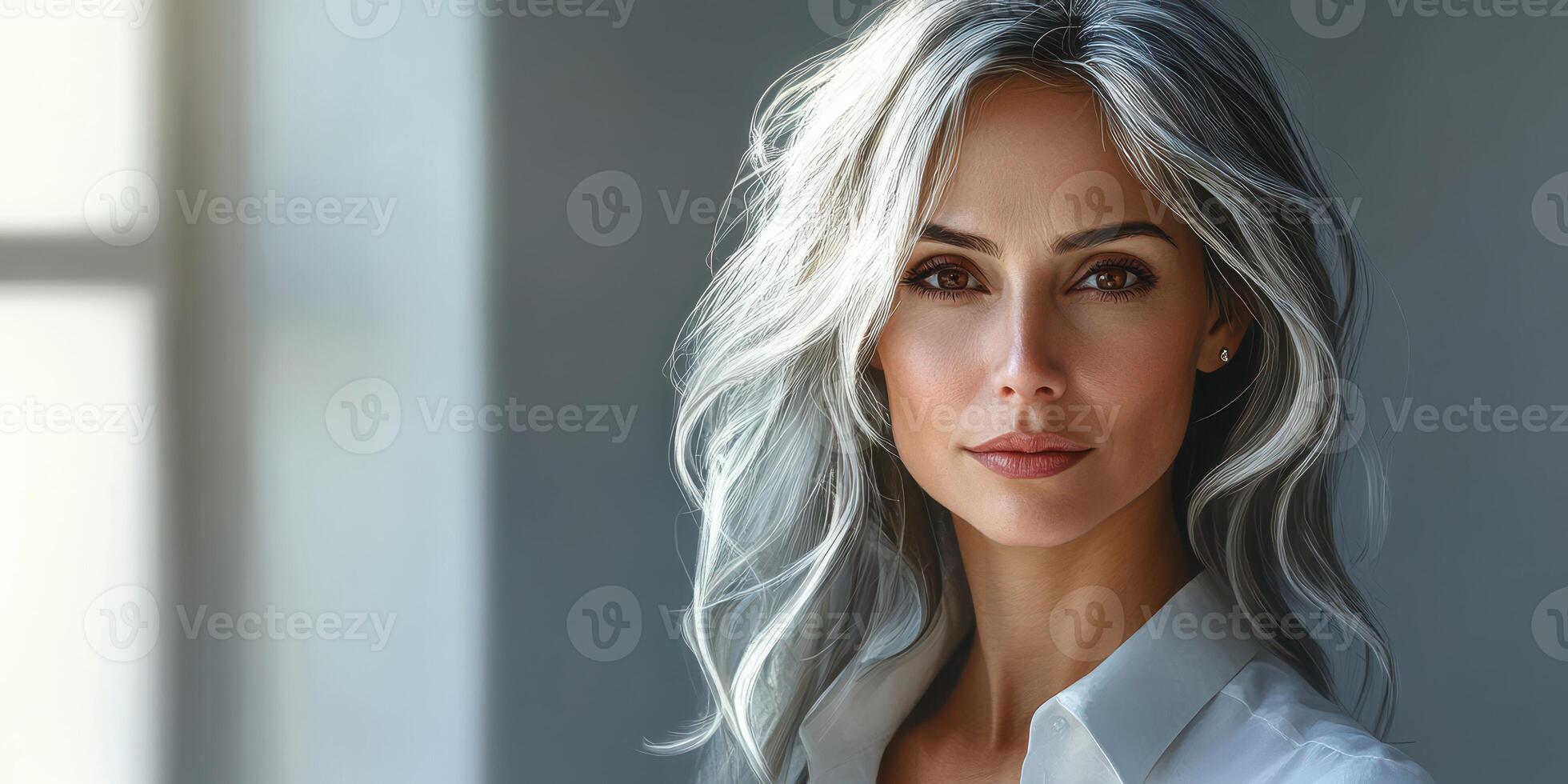 Elegant woman with silver hair poses confidently in softly lit indoor setting during the afternoon photo