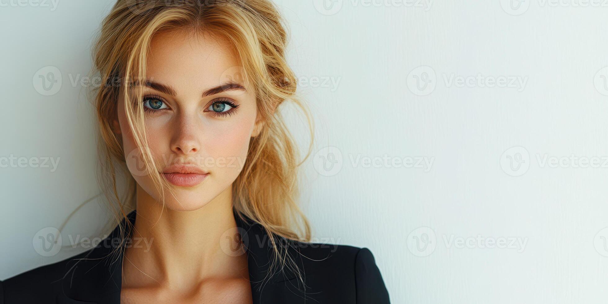 Young woman with blonde hair and striking blue eyes poses confidently against a minimalist backdrop photo