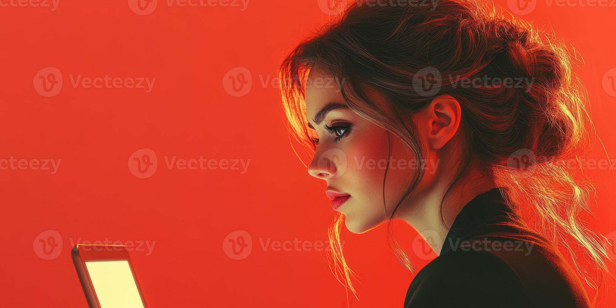 Young woman studying on a phone while sitting against a red background during evening hours photo