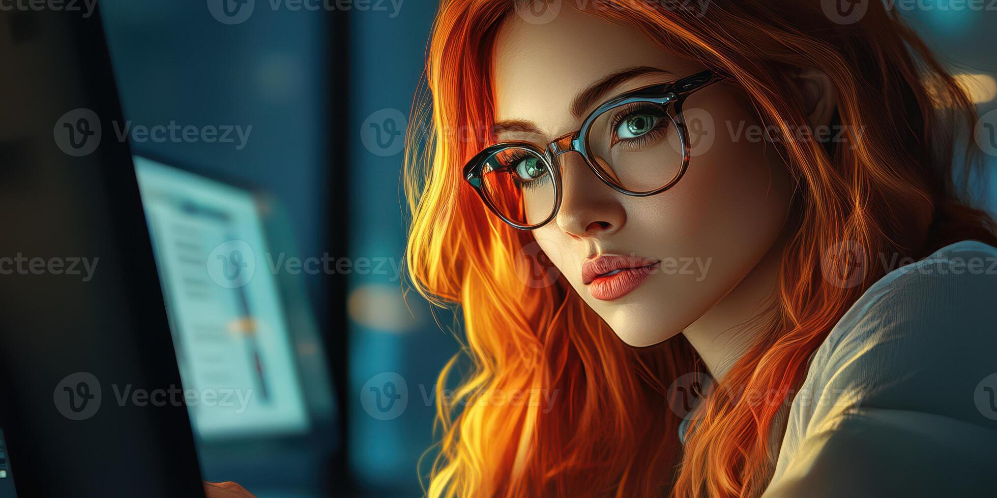 Engaging woman with red hair and glasses working at a desk in a modern office environment during evening hours photo
