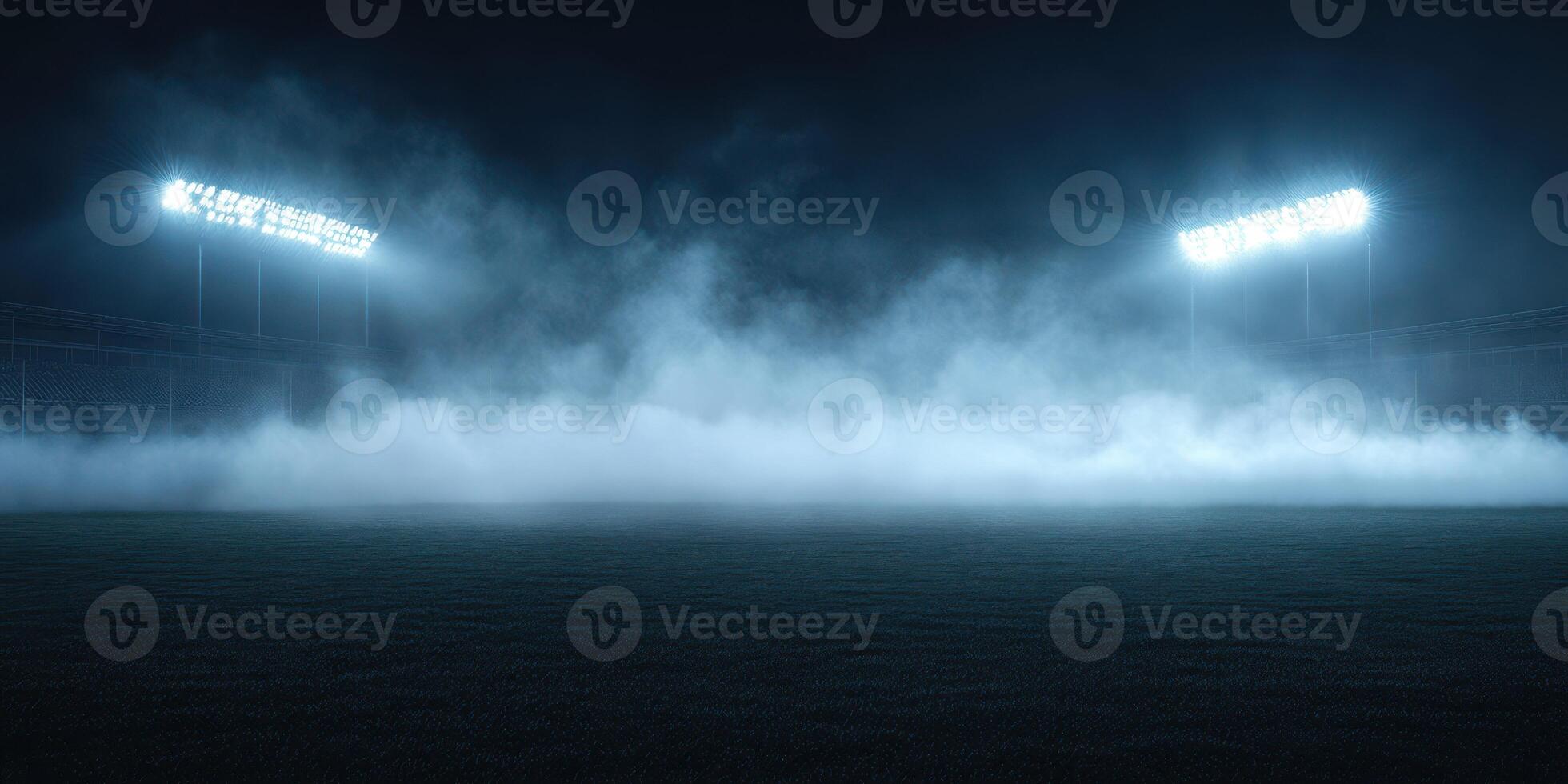 Foggy football field illuminated by stadium lights creates a mysterious atmosphere on a game night photo
