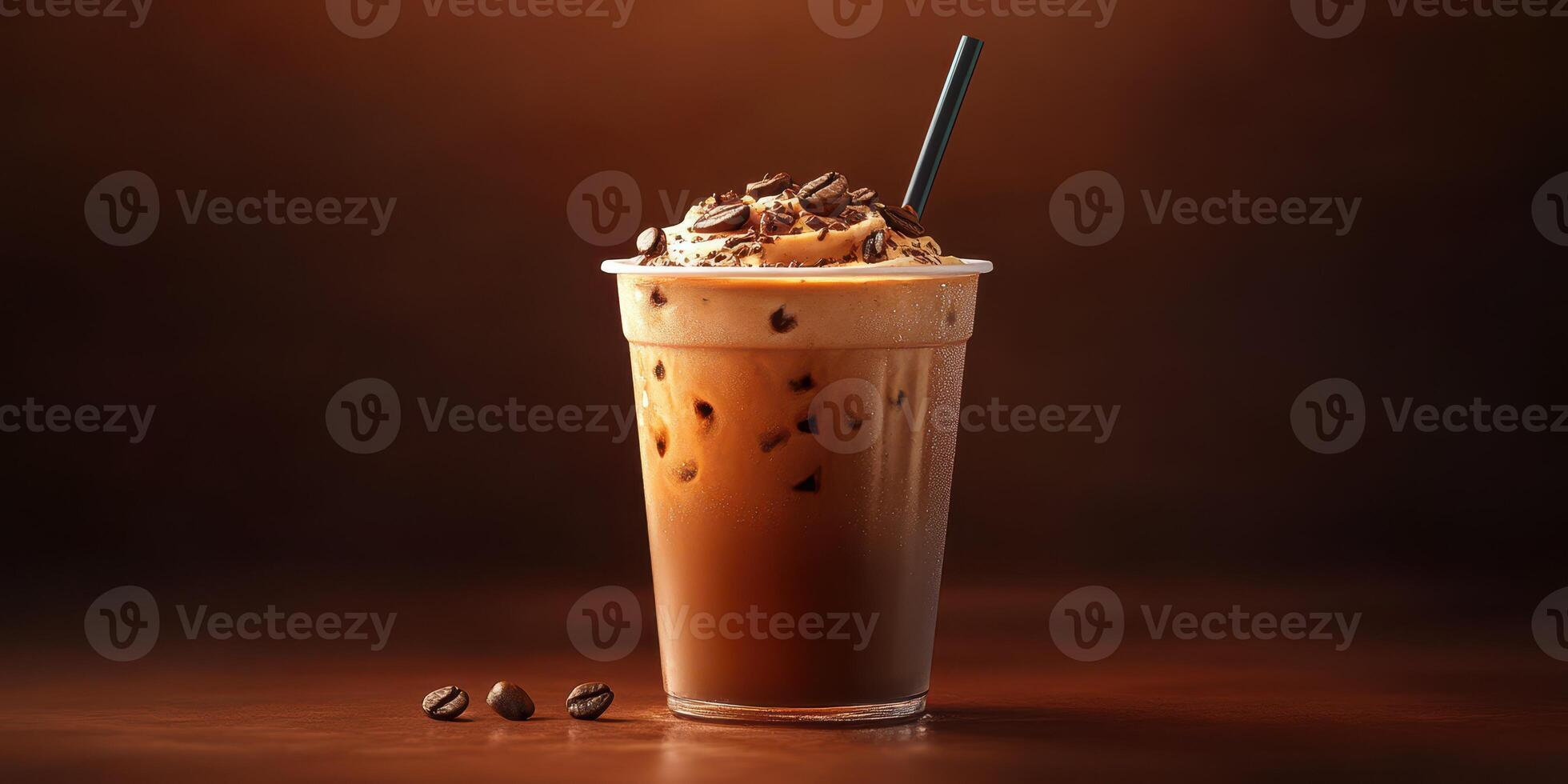 Chocolate coffee shake with whipped cream and chocolate shavings served in a transparent glass cup on a wooden table photo