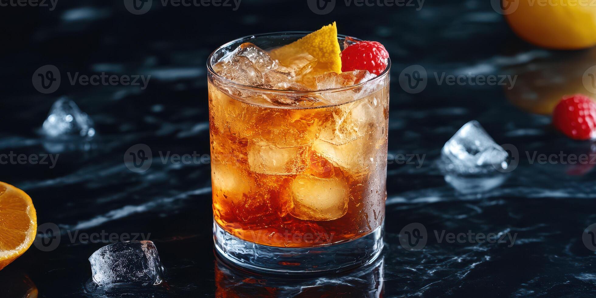 Refreshing cocktail served on dark marble surface with citrus fruit and berries photo