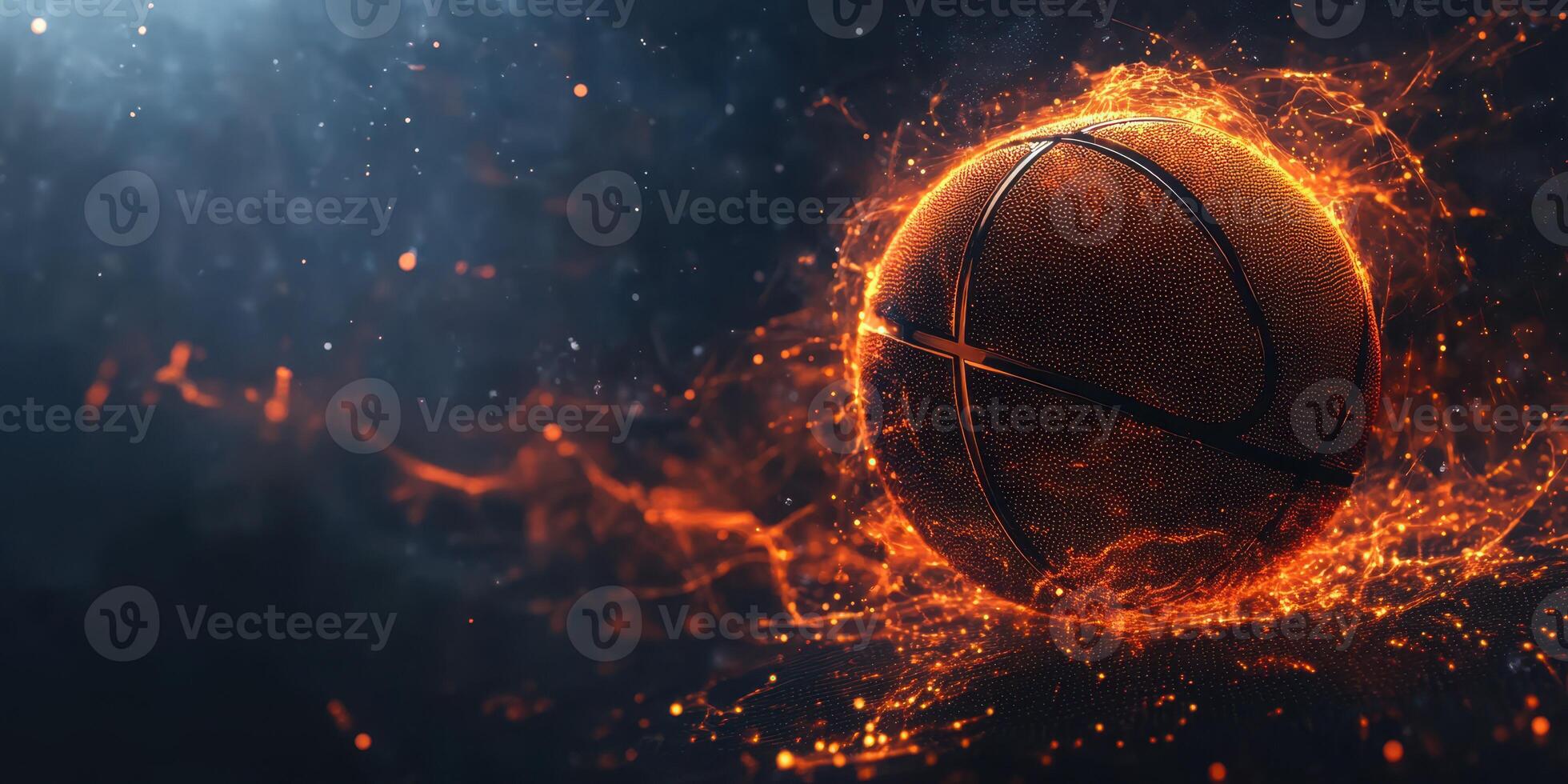 A basketball in motion surrounded by bright sparks and glowing particles in a dark setting during a dynamic sports event photo