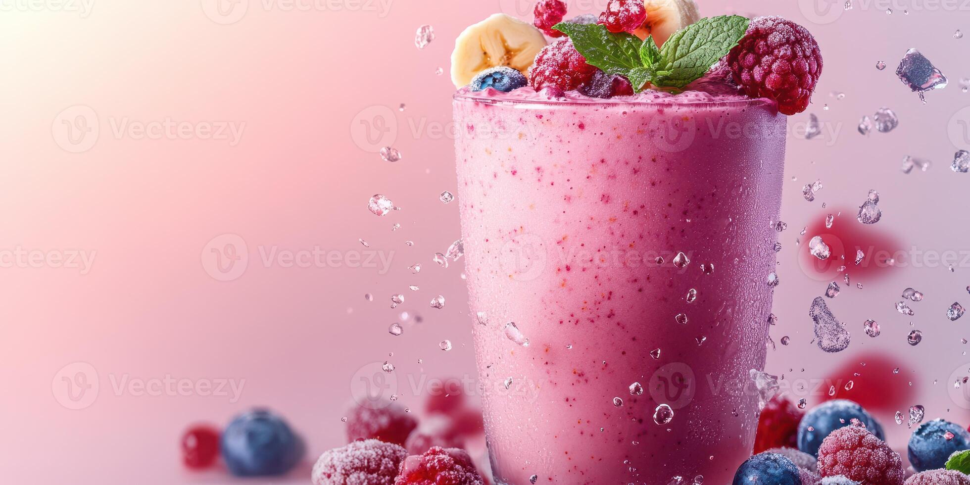 Bright smoothie loaded with fruits splashing in a glass with fresh berries at a summer gathering photo