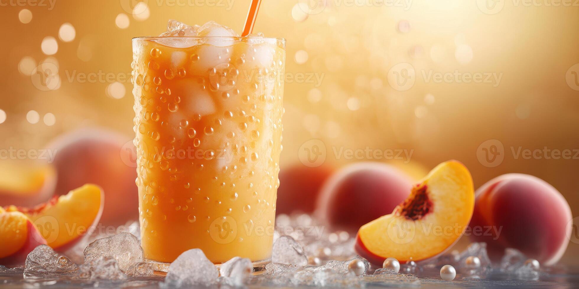Refreshing peach drink with ice and fresh peaches on a summer day in a bright setting photo