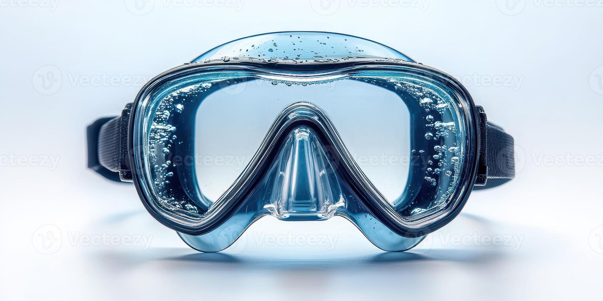 Clear diving mask with bubbles reflecting underwater adventure and exploration photo