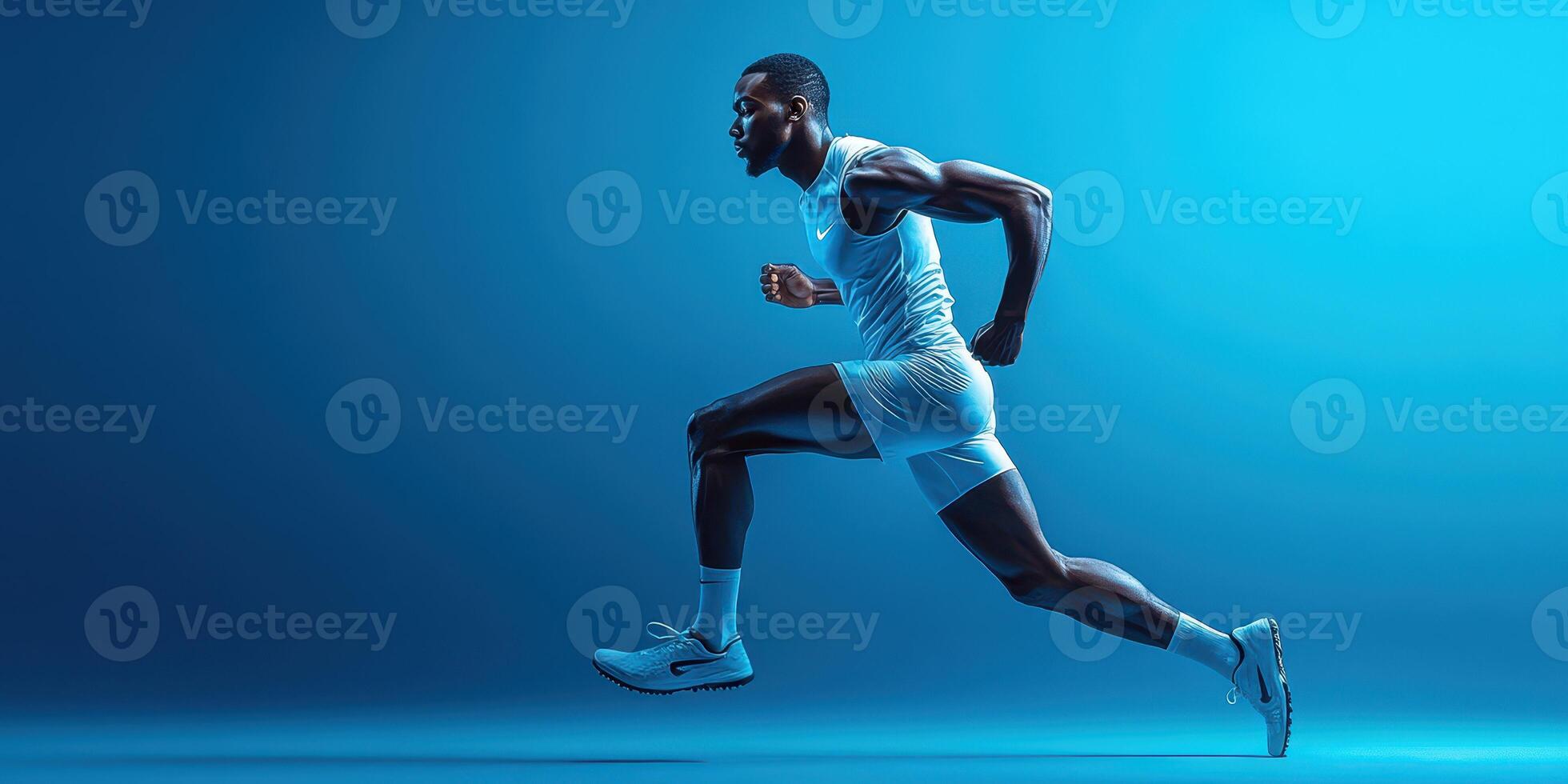 Athlete in motion sprinting across a blue-lit space demonstrating speed and power photo