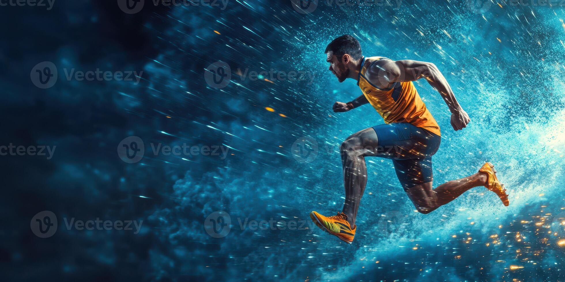 Dynamic athlete leaps through a shower of water in a lively and energetic setting photo