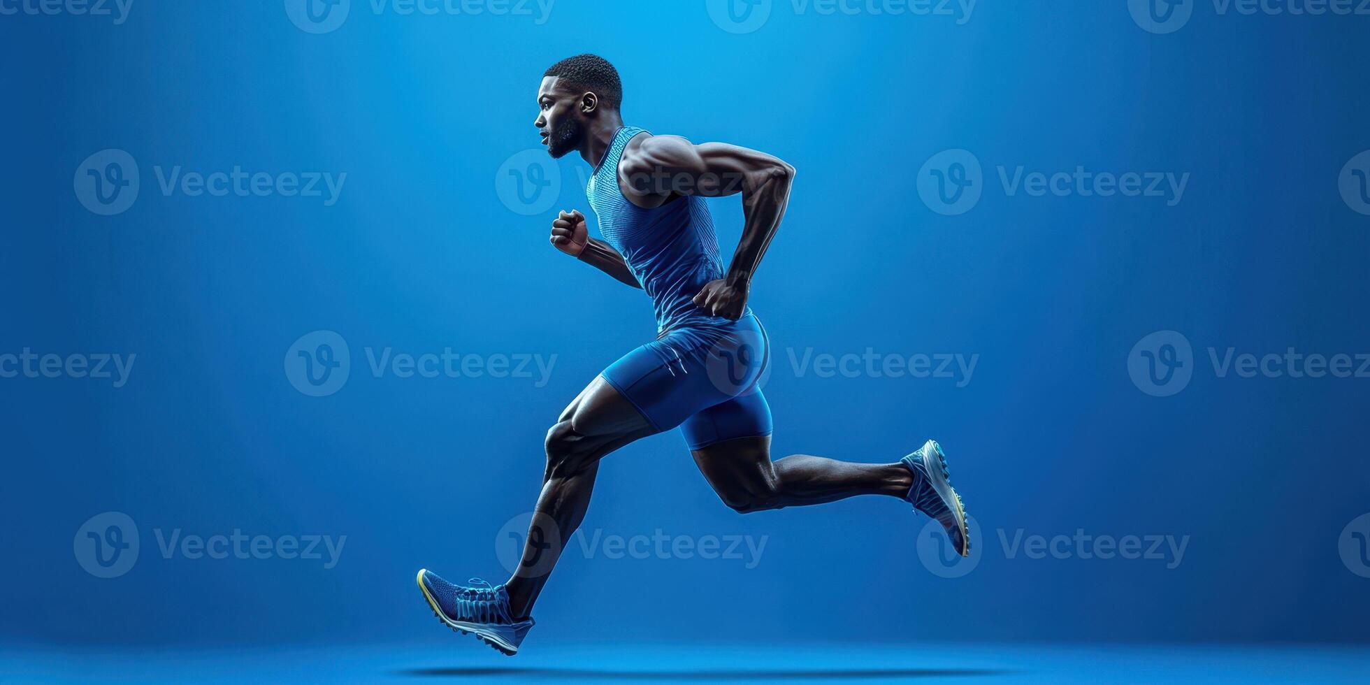 Dynamic athlete sprinting in vibrant blue background during intense training session photo