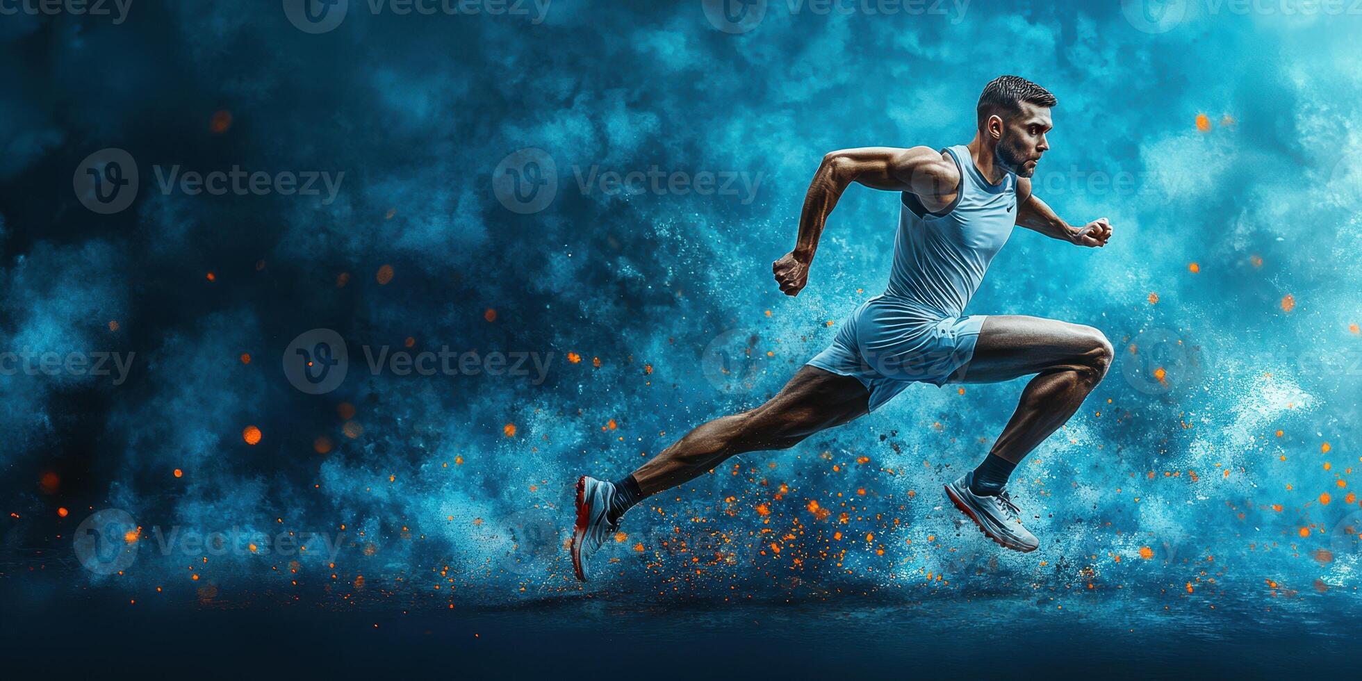 Racer sprints through a dynamic blue haze at a competitive outdoor event photo