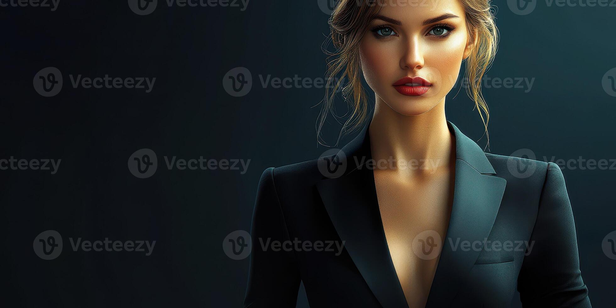 Elegant woman in a stylish black suit posing against a dark background with a confident expression photo