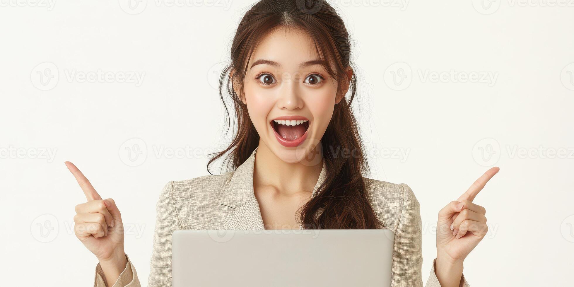 Excited young woman celebrates a success while sitting with a laptop in a bright indoor space photo