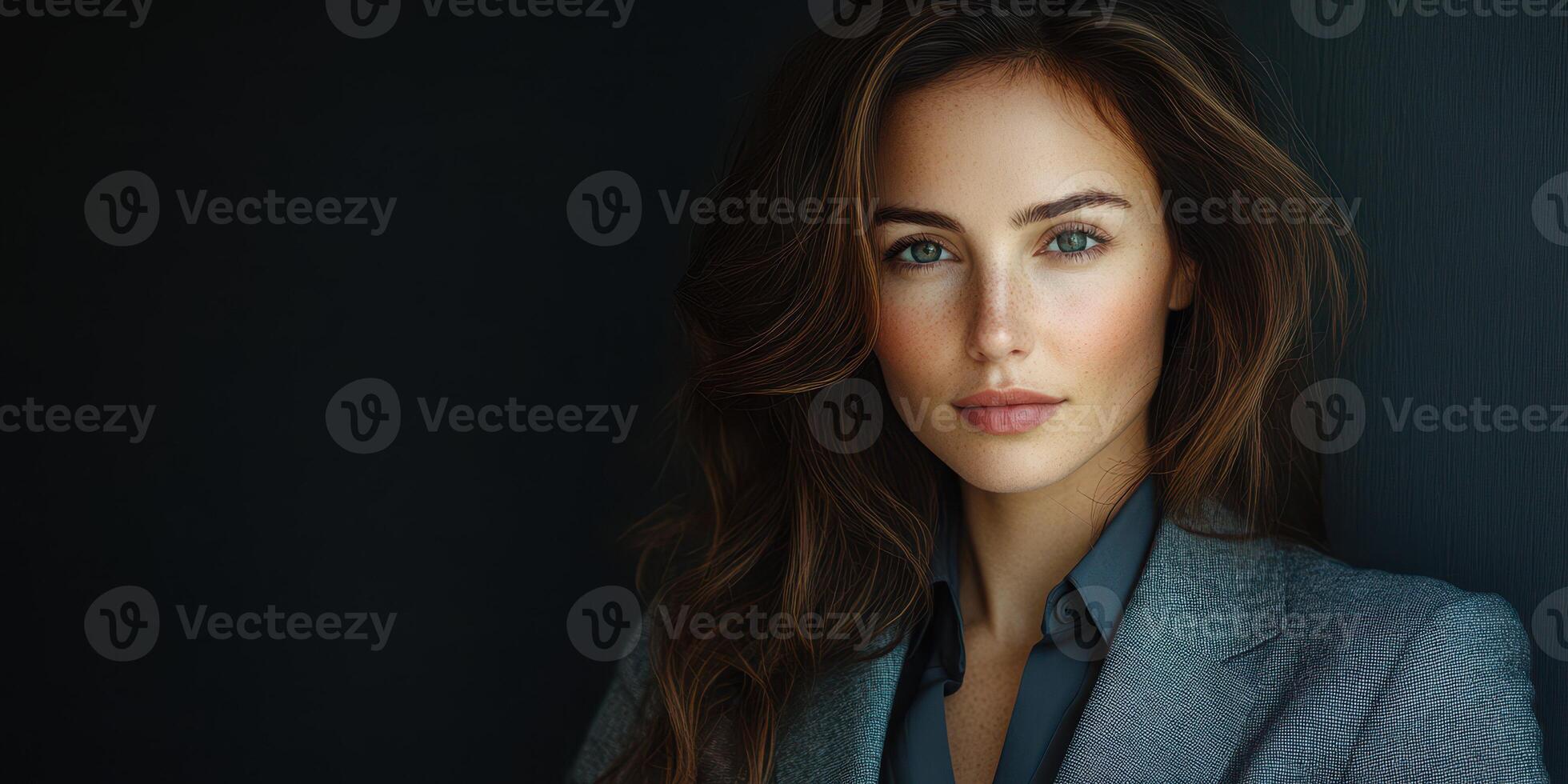 Woman in elegant attire with beautiful features poses against a dark background in a professional setting photo
