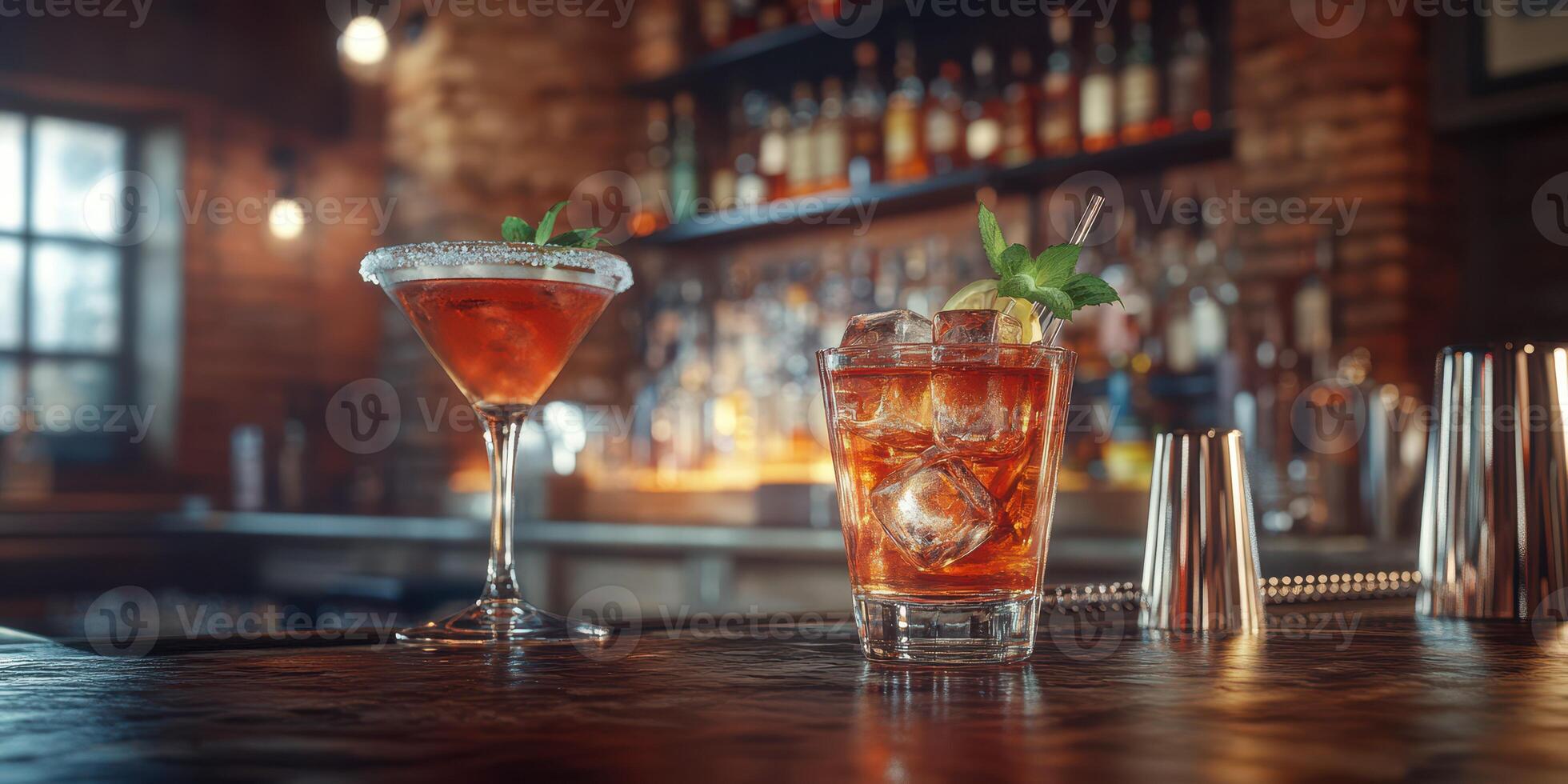 Refreshing cocktails served at a cozy bar during the evening with warm lighting photo