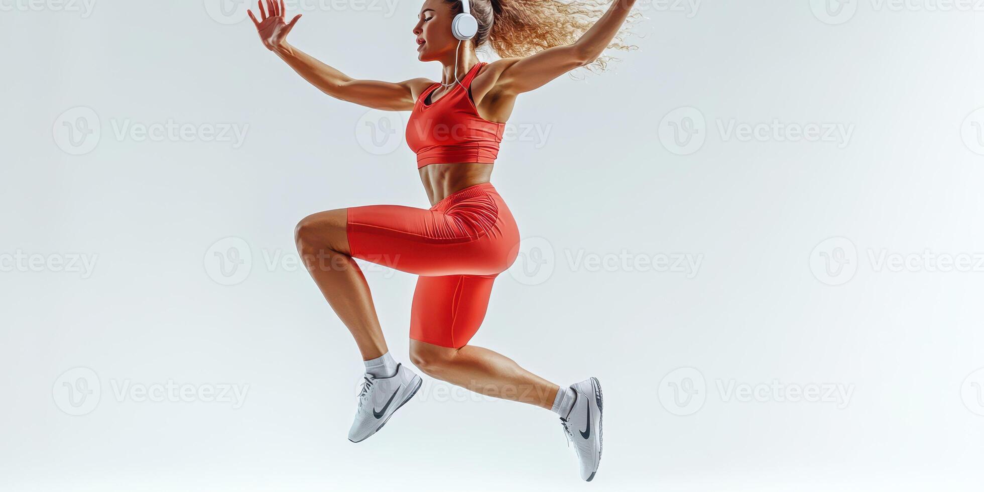 Fitness enthusiast jumps in energetic movement while exercising indoors with headphones on, showcasing strength and determination photo