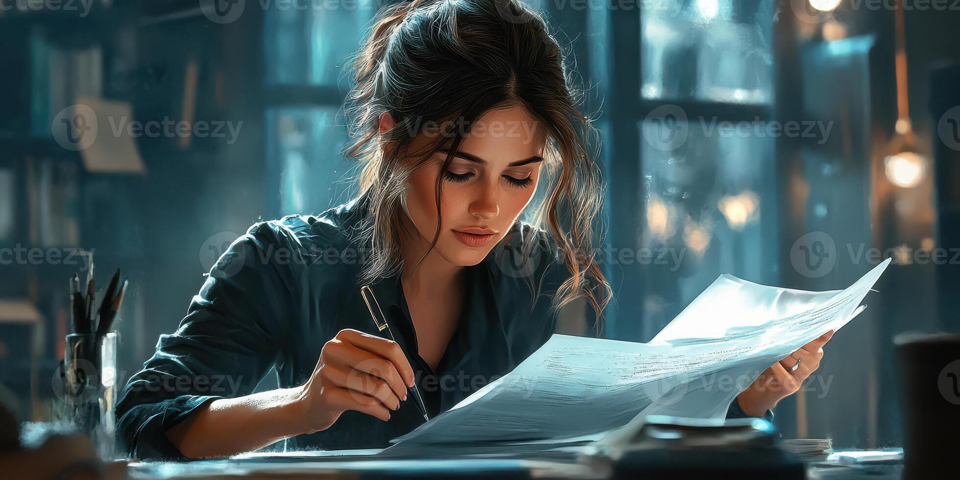 Young woman studies documents in a cozy workspace surrounded by books and warm light photo