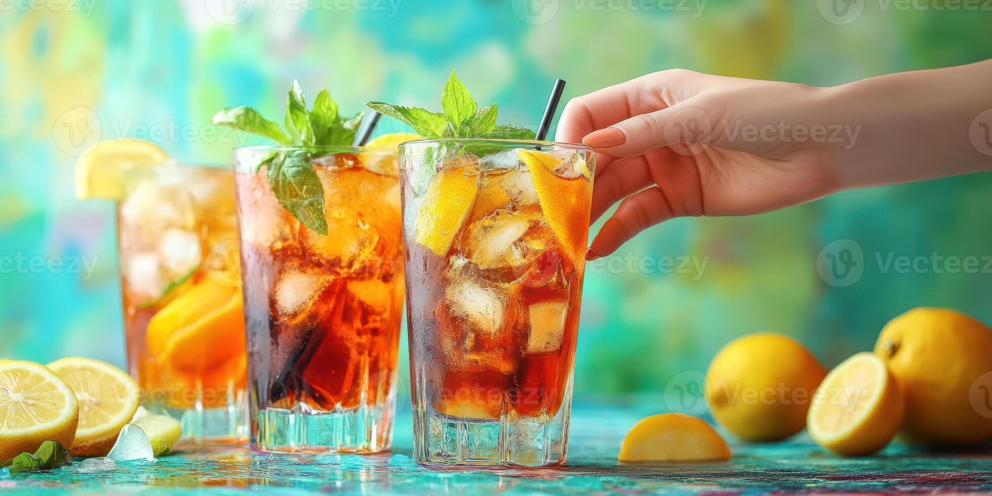Refreshing summer drinks with citrus garnishes in a vibrant setting photo