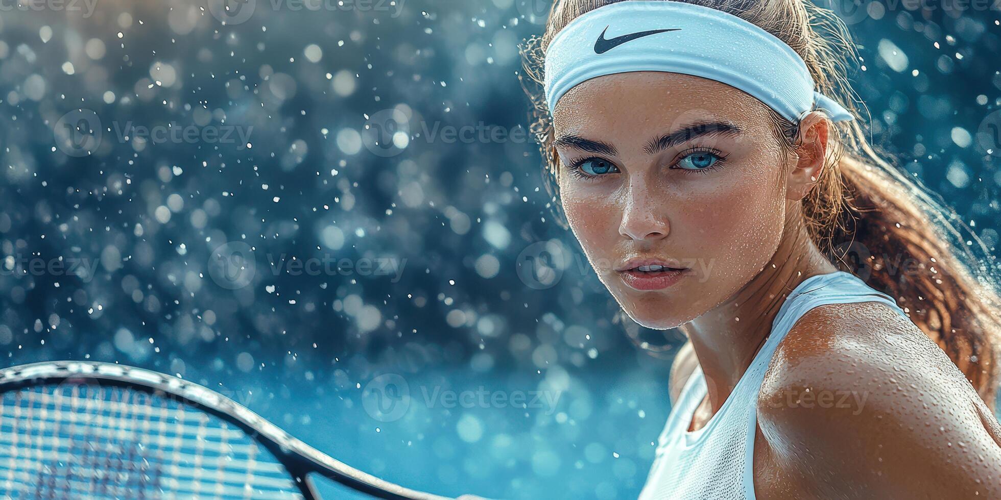 Young female tennis player focuses intensely during a rain-soaked match at an outdoor court in the afternoon photo