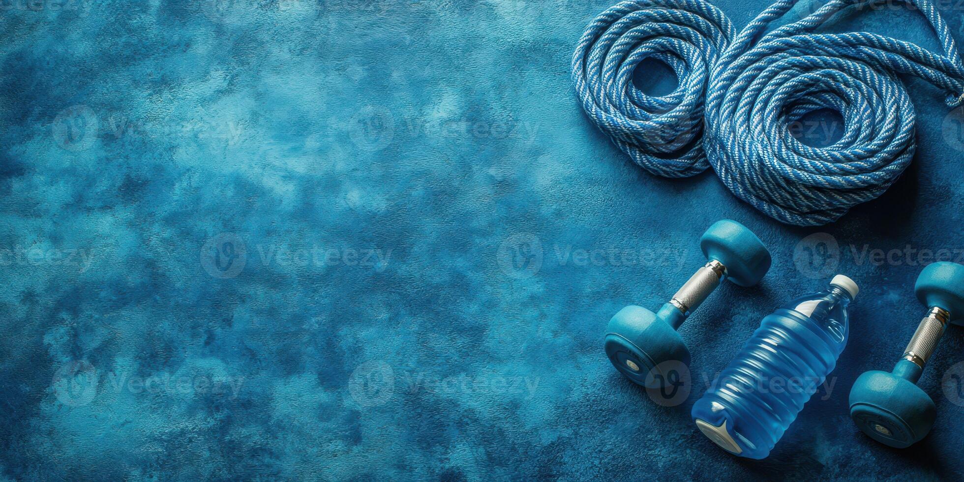 Fitness equipment on a blue textured background with dumbbells, water bottle, and exercise ropes ready for workout session photo