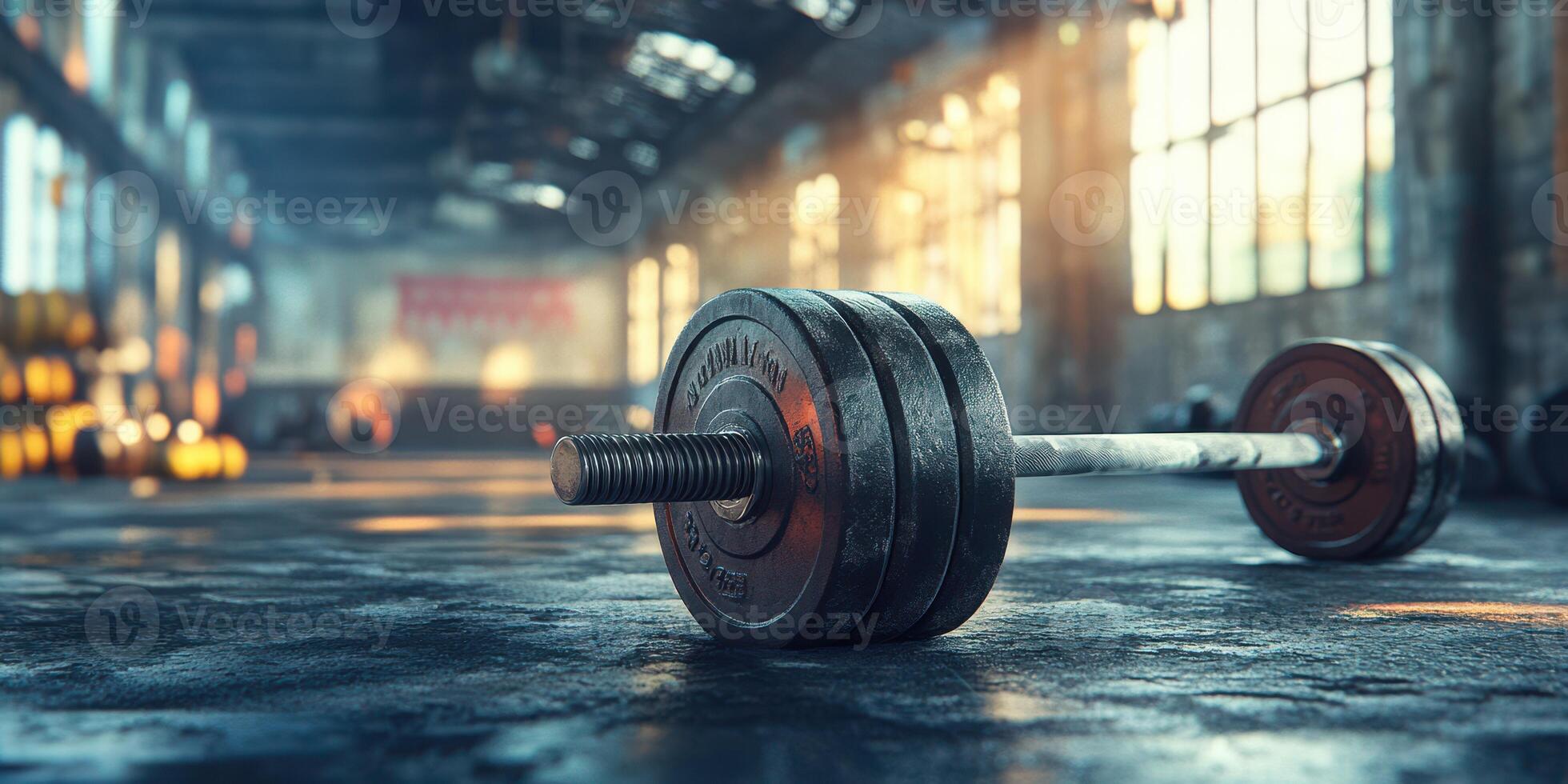 Barbell resting on the gym floor with sunlight filtering through large windows in a fitness center photo