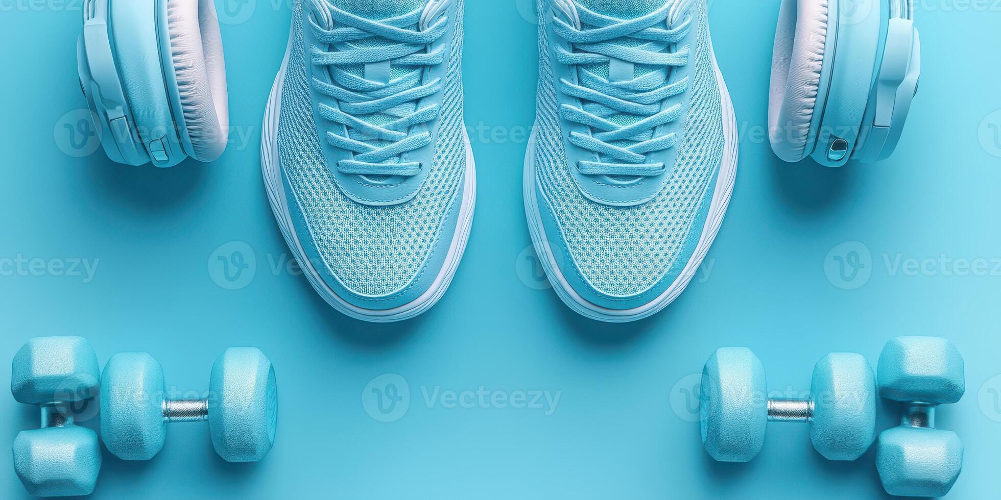 Workout essentials with stylish turquoise sneakers, headphones, and dumbbells arranged on a vibrant blue background photo