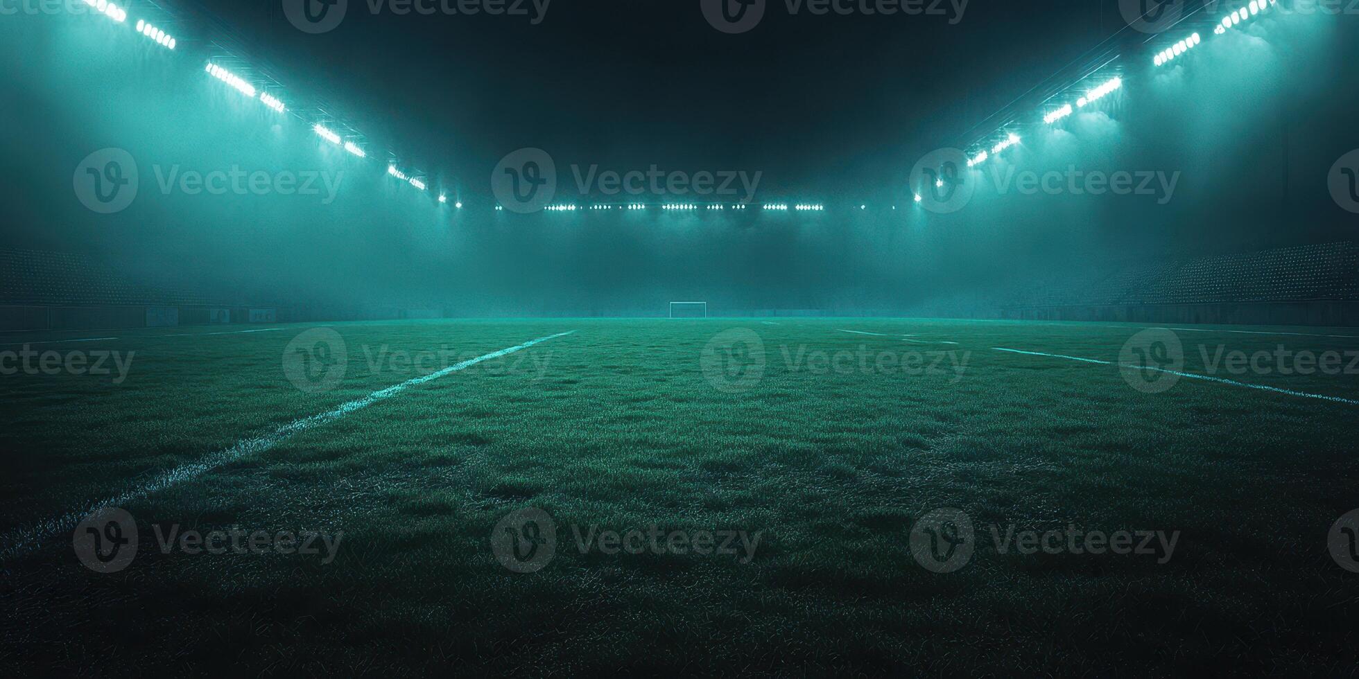 Illuminated soccer field ready for match under soft blue lighting on a foggy night photo
