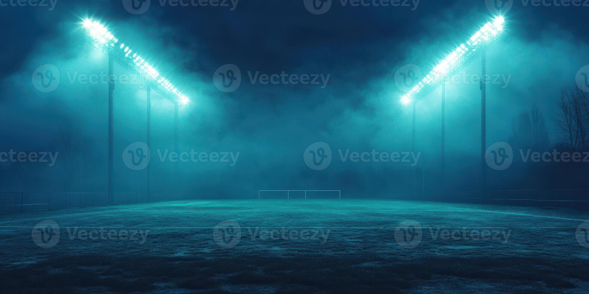 Mysterious night at an empty soccer field illuminated by floodlights in foggy conditions photo