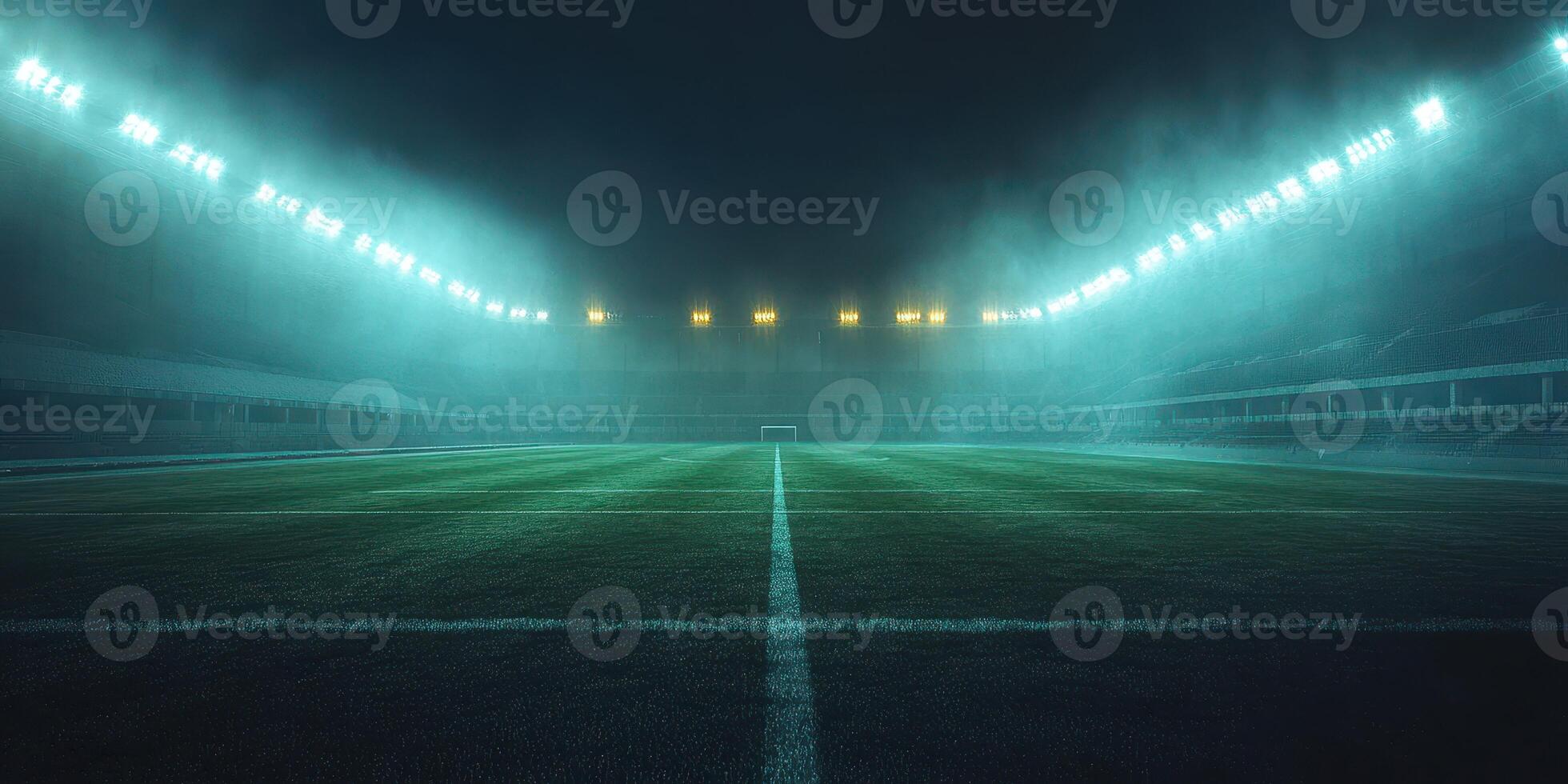 Nighttime view of a modern stadium field illuminated by bright floodlights in a foggy atmosphere during an evening match photo