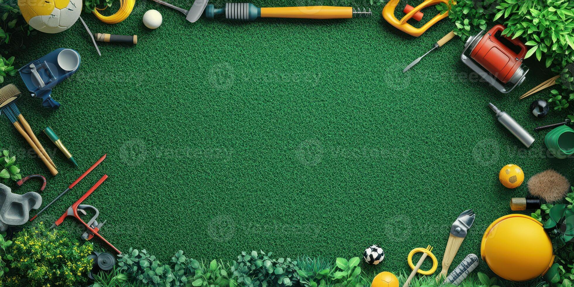 Garden tools and sports equipment arranged on grass with greenery in the background during a sunny daytime photo