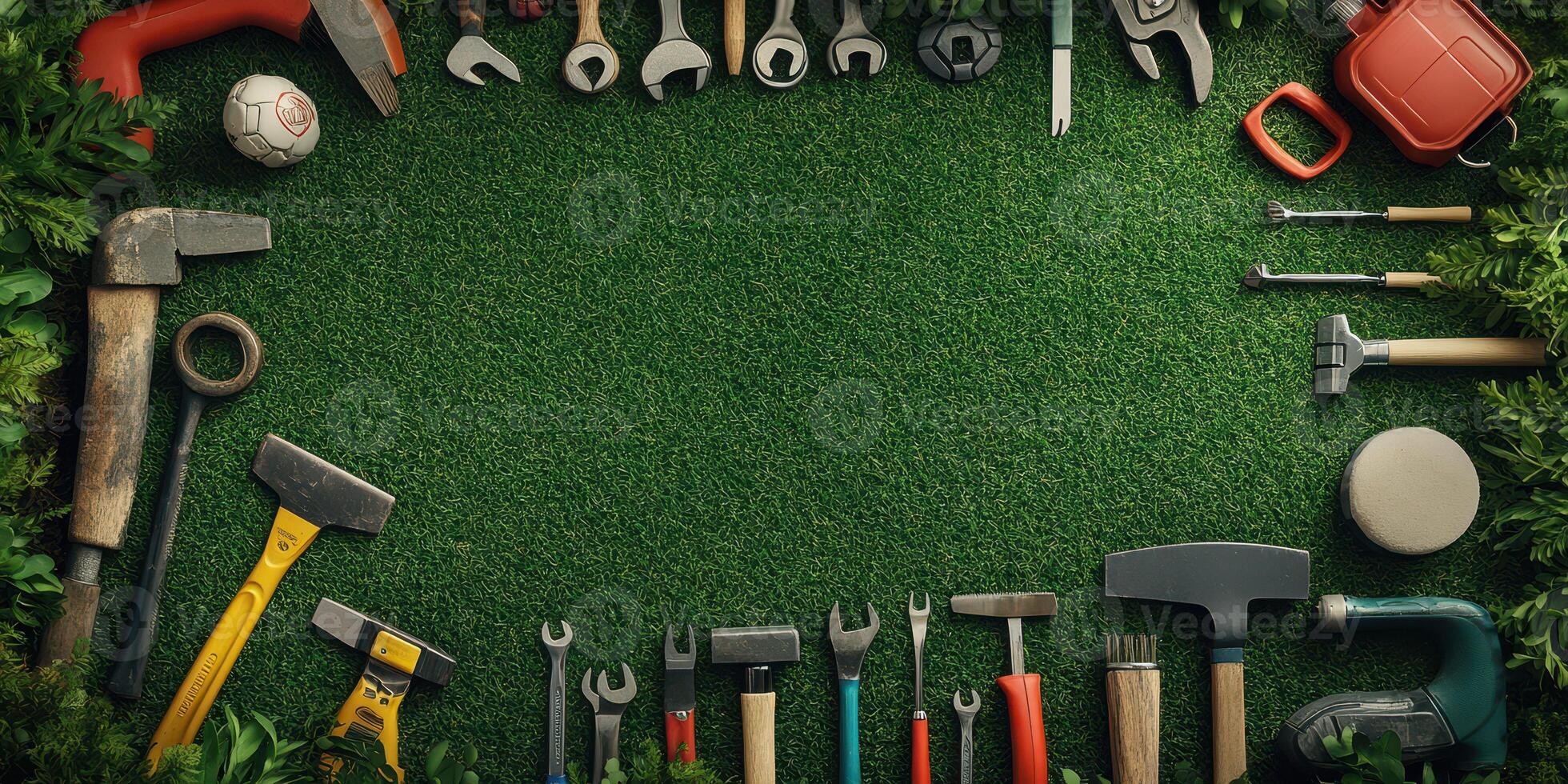 Collection of garden tools arranged on green grass background with soccer ball photo