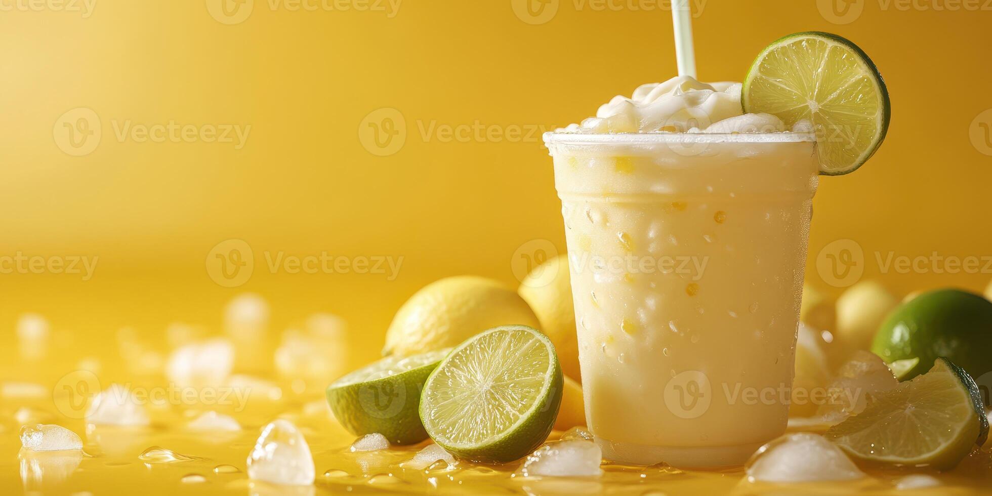 Refreshing lemon lime drink served in a clear cup with ice and garnished, bright yellow background adds to summer vibe photo