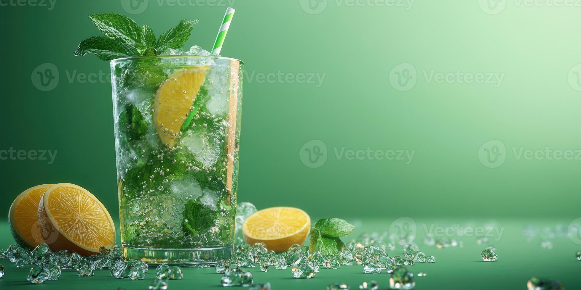 Refreshing mint lemonade with ice and citrus on a vibrant green background photo