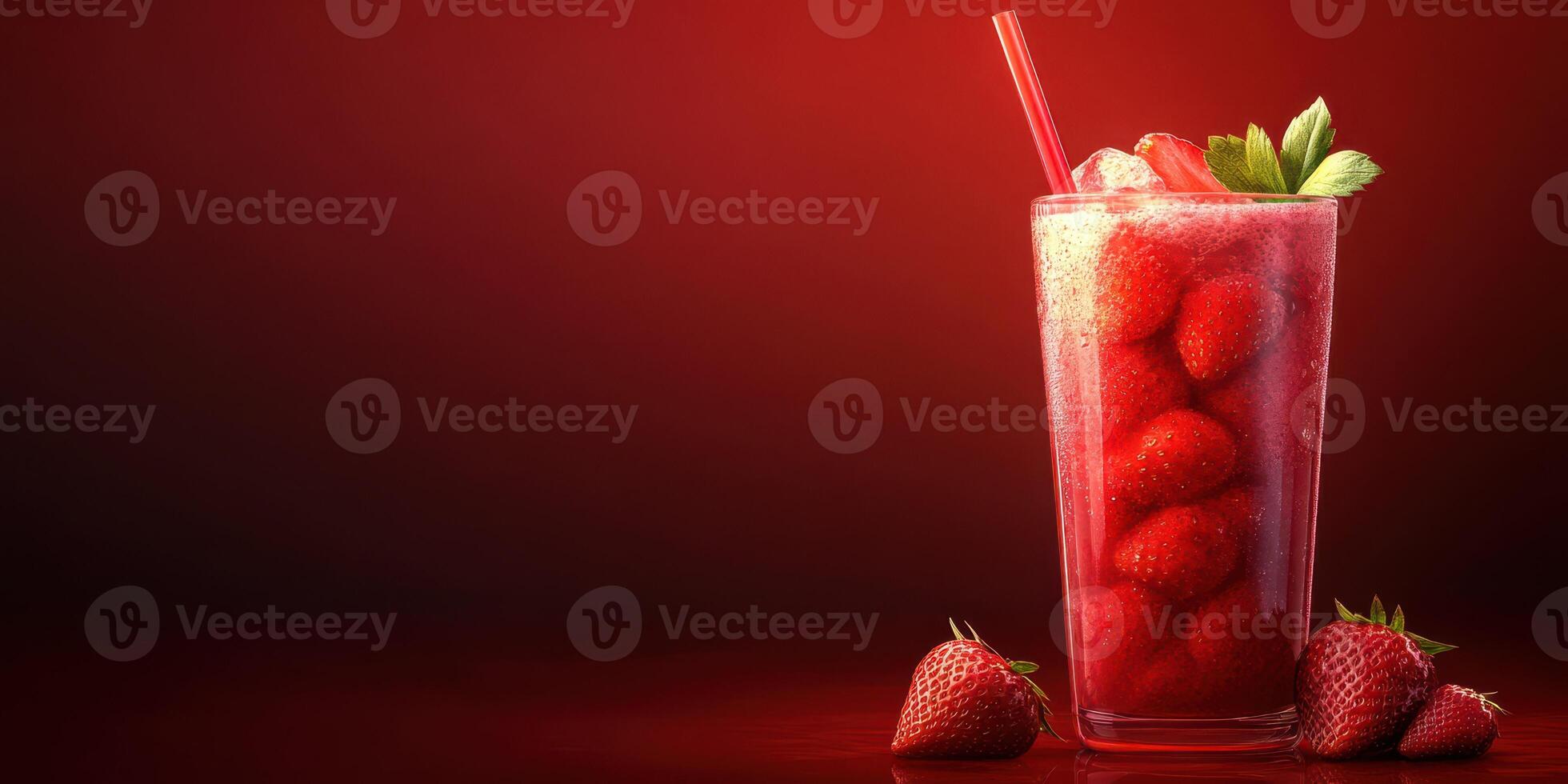 Refreshing strawberry drink served in a tall glass with ice and mint on a vibrant red background photo