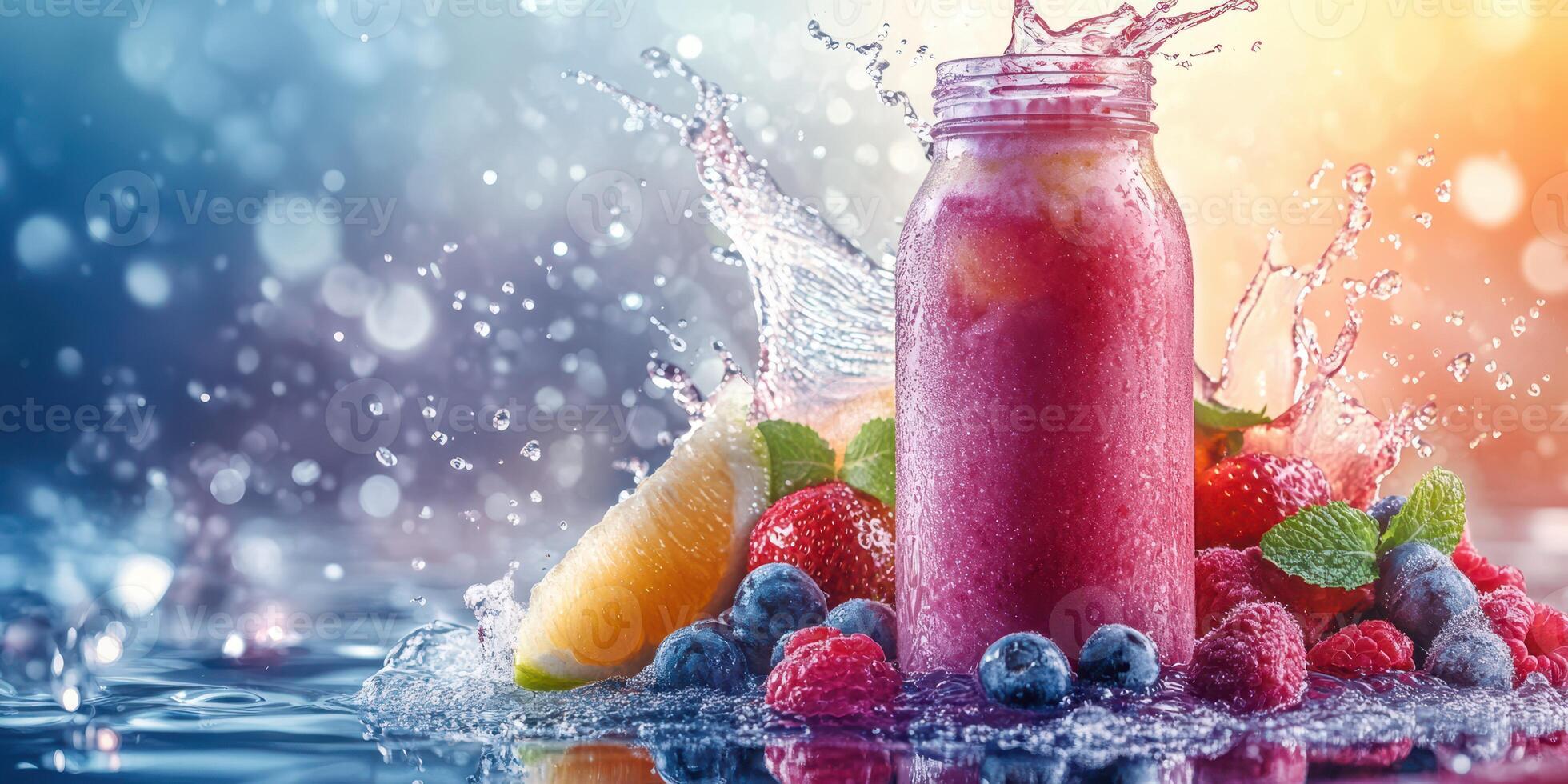 Refreshing smoothie splash with vibrant fruits on a bright summer day photo