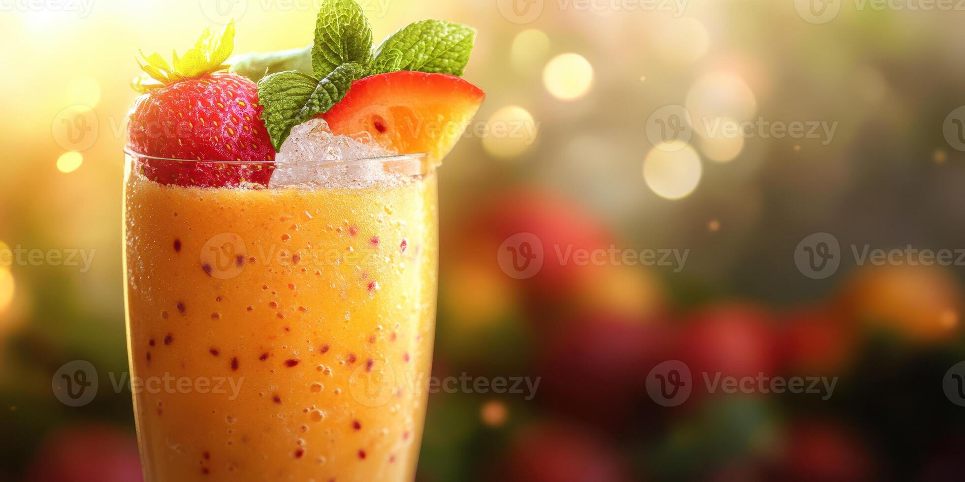 Refreshing tropical cocktail garnished with fresh fruit served in a glass during a sunny day gathering photo