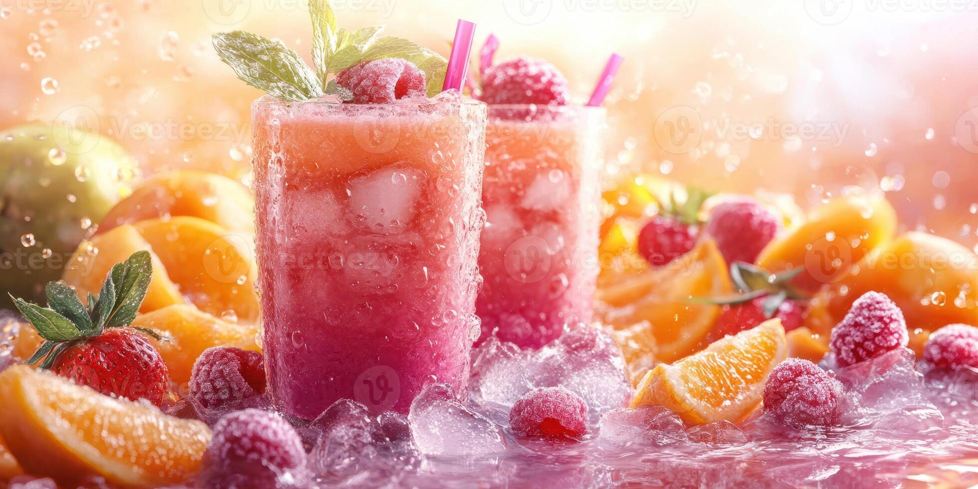 Refreshing summer drinks adorned with fresh fruits and ice, perfect for a sunny day by the poolside photo