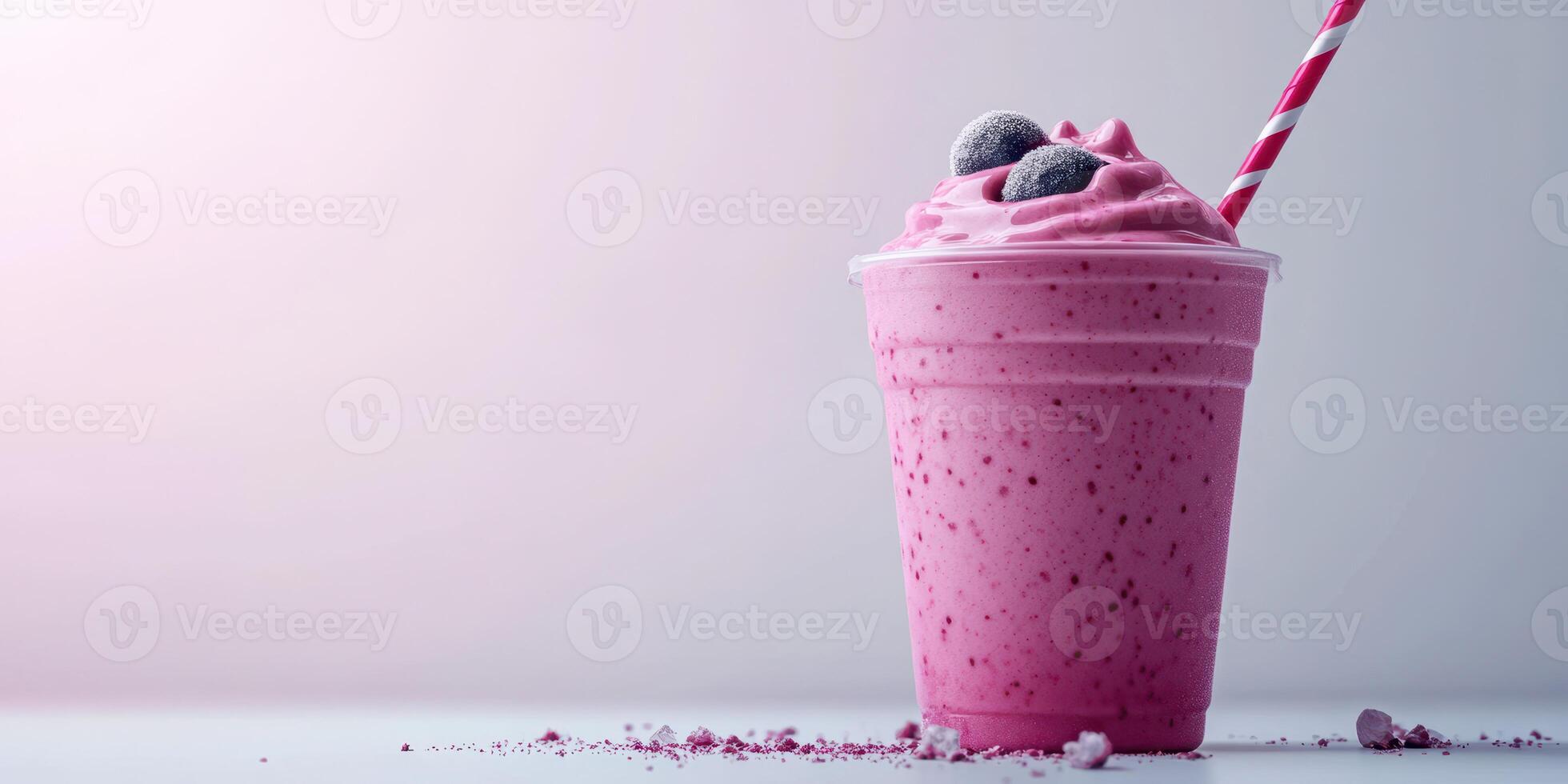 Bright pink smoothie topped with grey candies in a clear cup against a soft gradient background photo